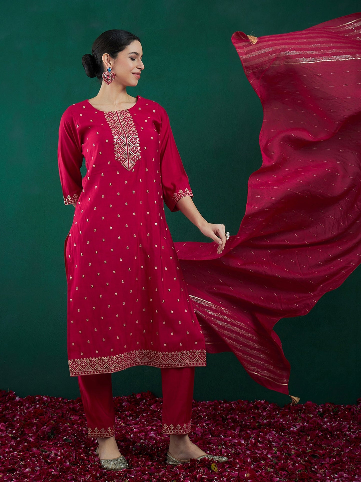 Indo Era Magenta Embroidered Straight Kurta Trousers With Dupatta set