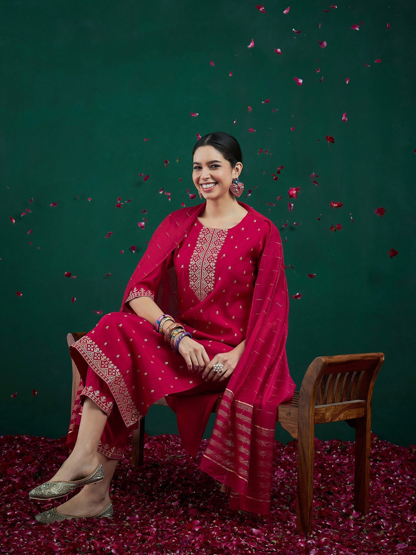 Indo Era Magenta Embroidered Straight Kurta Trousers With Dupatta set