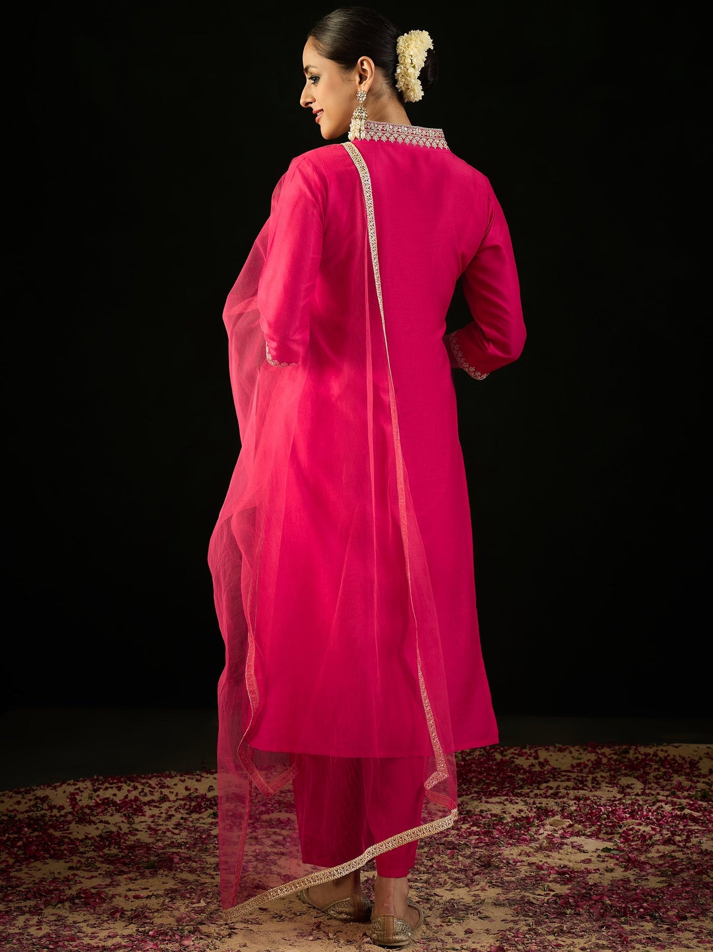 Indo Era Magenta Embroidered Straight Kurta Trousers With Dupatta set