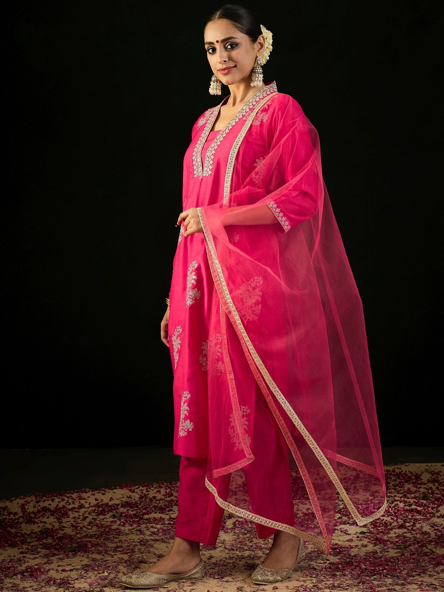 Indo Era Magenta Embroidered Straight Kurta Trousers With Dupatta set