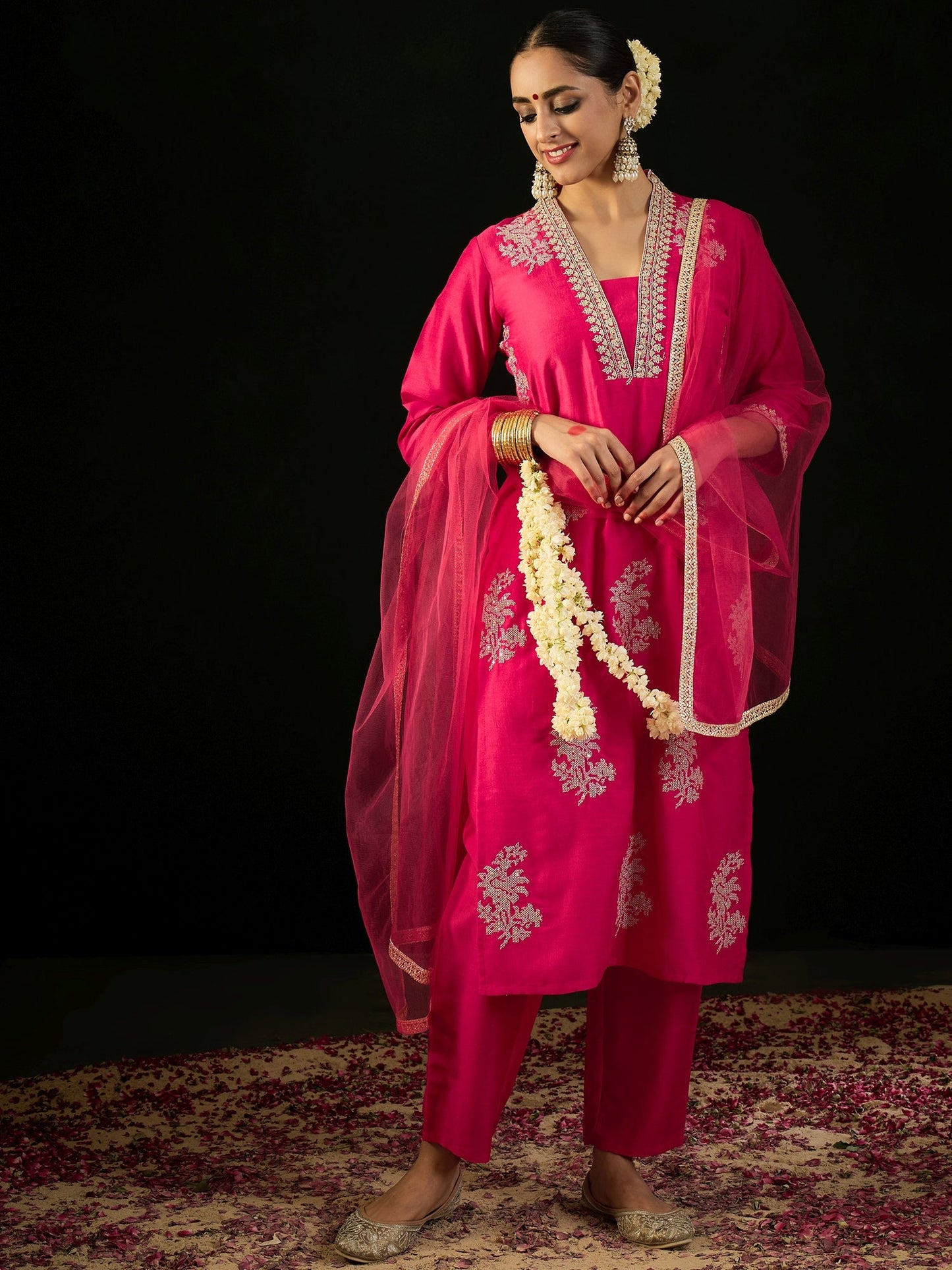 Indo Era Magenta Embroidered Straight Kurta Trousers With Dupatta set