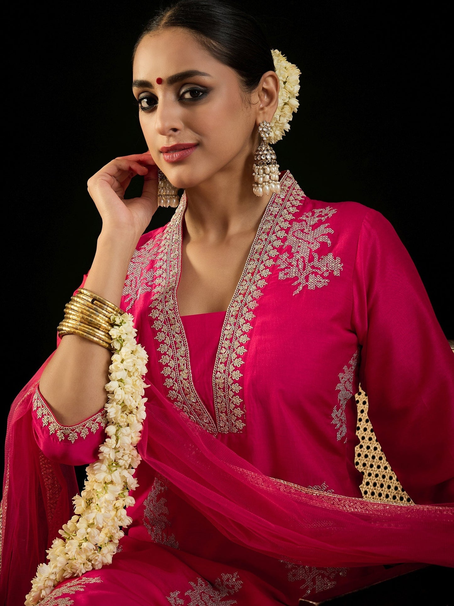 Indo Era Magenta Embroidered Straight Kurta Trousers With Dupatta set