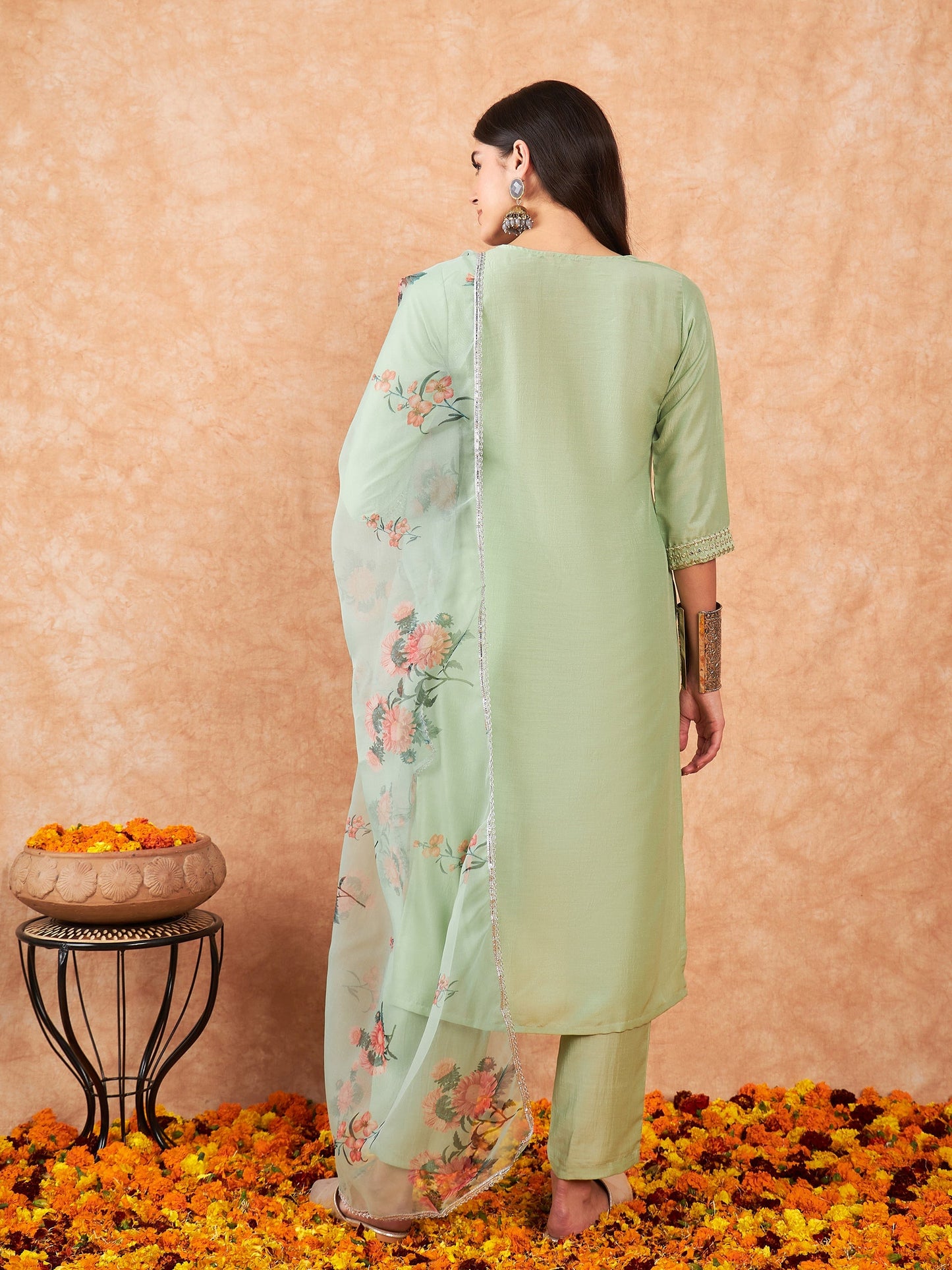 Indo Era Sea Green Straight Kurta Trouser With Dupatta Set