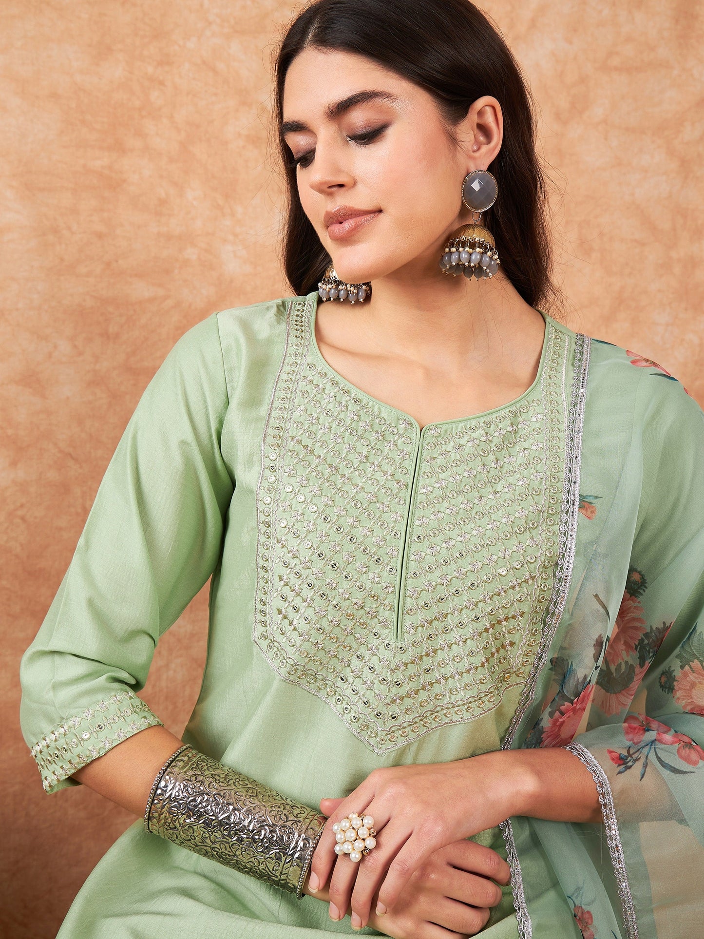 Indo Era Sea Green Straight Kurta Trouser With Dupatta Set