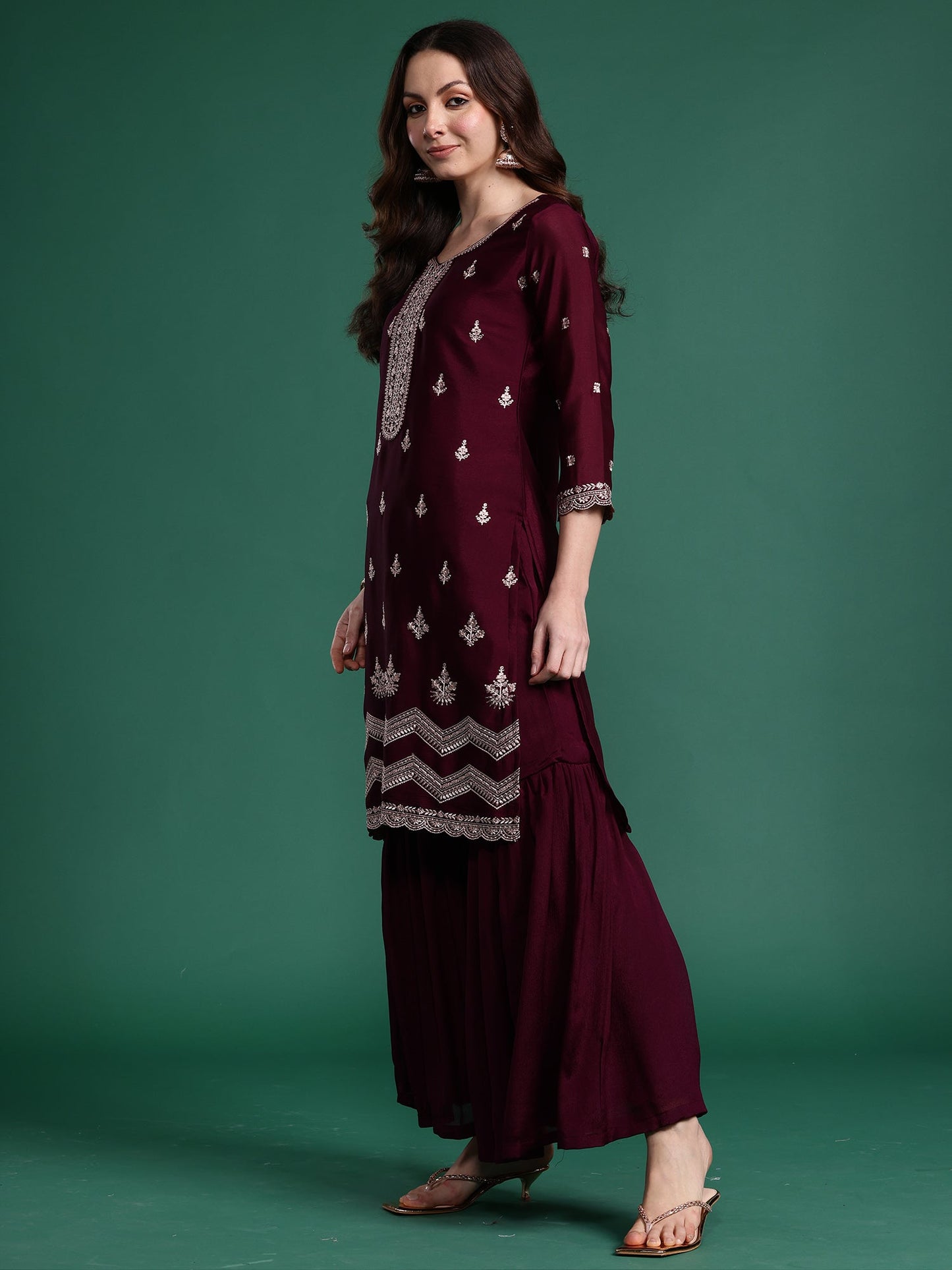 Burgundy Embroidered Straight Kurta Sharara With Dupatta Set