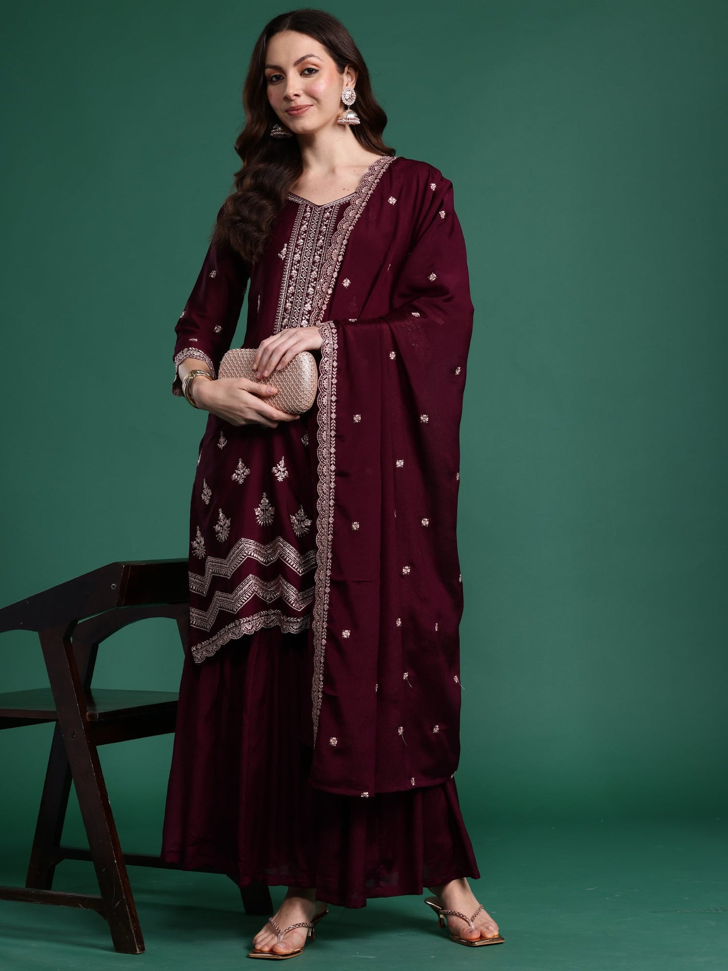 Burgundy Embroidered Straight Kurta Sharara With Dupatta Set