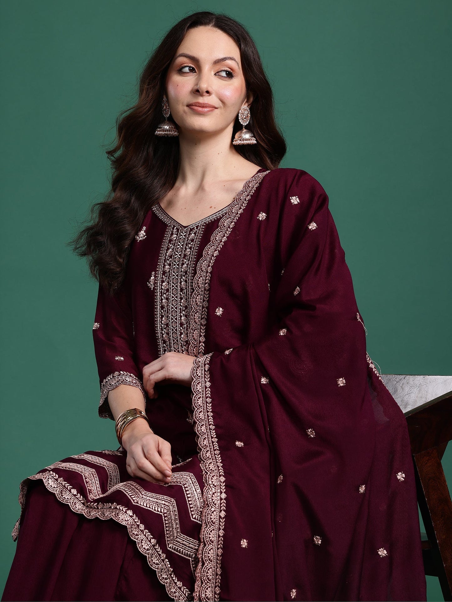 Burgundy Embroidered Straight Kurta Sharara With Dupatta Set