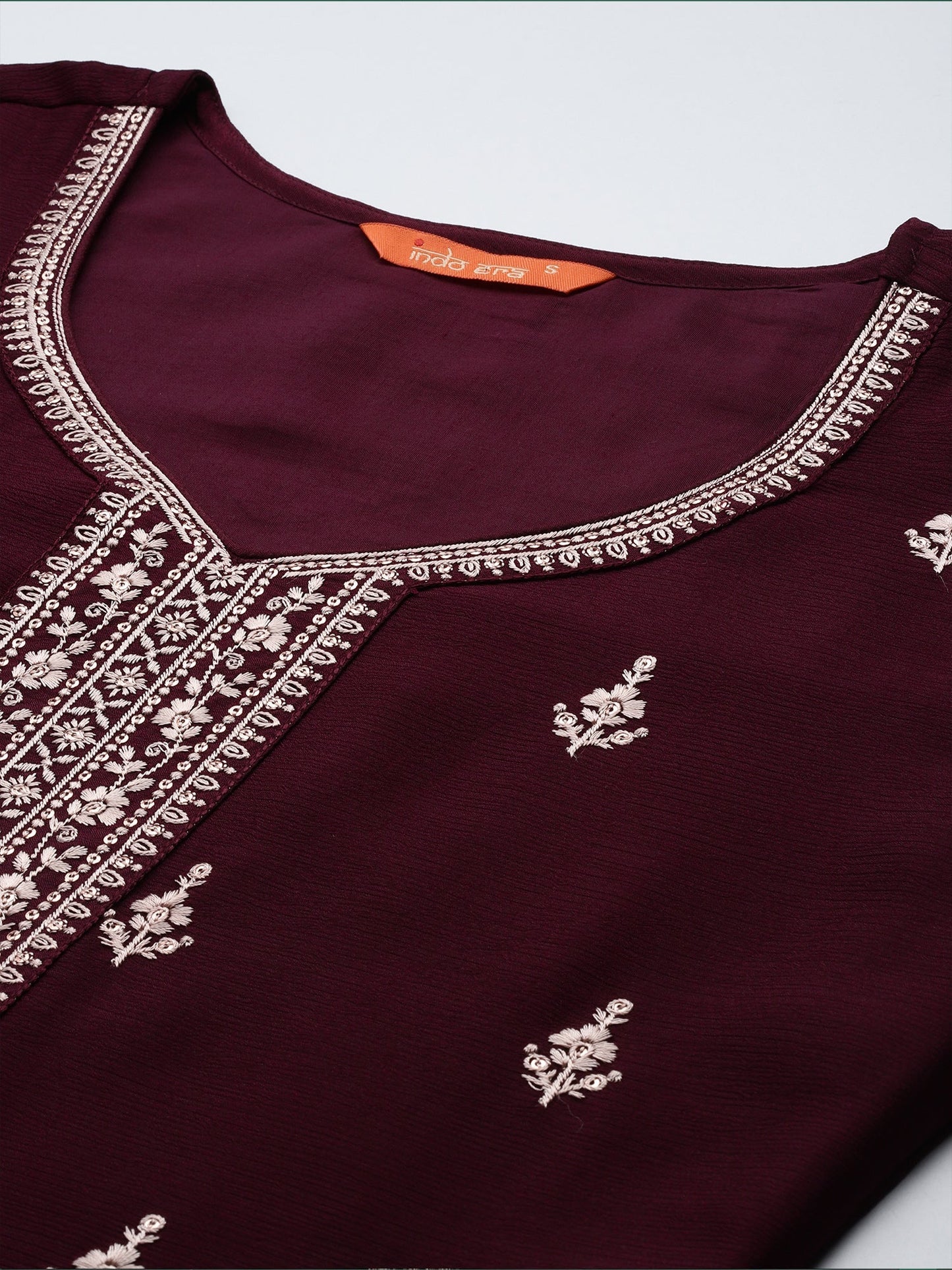 Burgundy Embroidered Straight Kurta Sharara With Dupatta Set