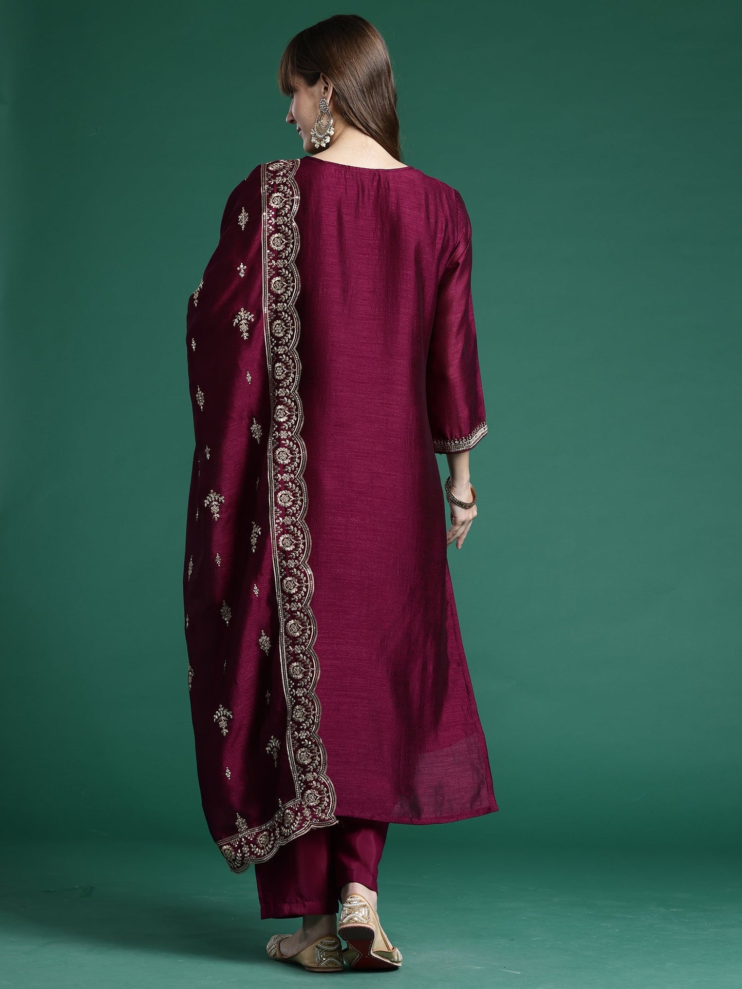Burgundy Embroidered Straight Kurta Trousers With Dupatta Set