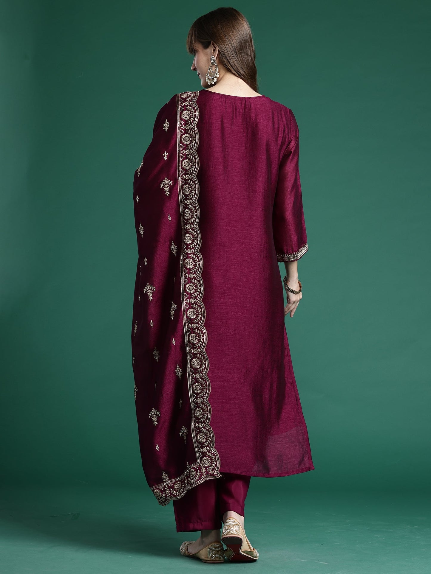 Burgundy Embroidered Straight Kurta Trousers With Dupatta Set