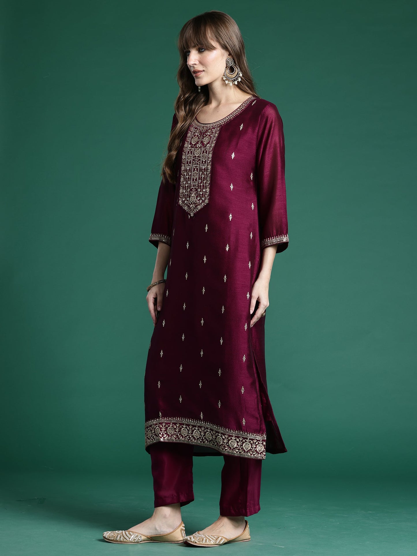 Burgundy Embroidered Straight Kurta Trousers With Dupatta Set