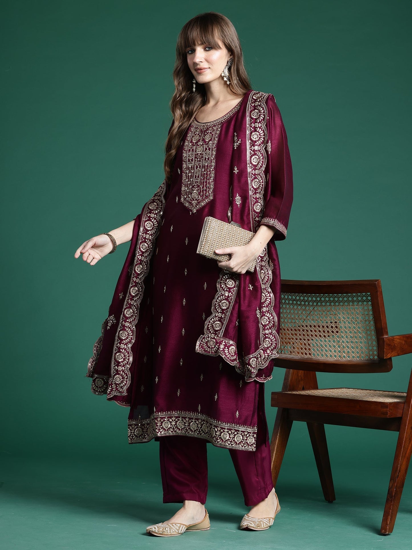 Burgundy Embroidered Straight Kurta Trousers With Dupatta Set