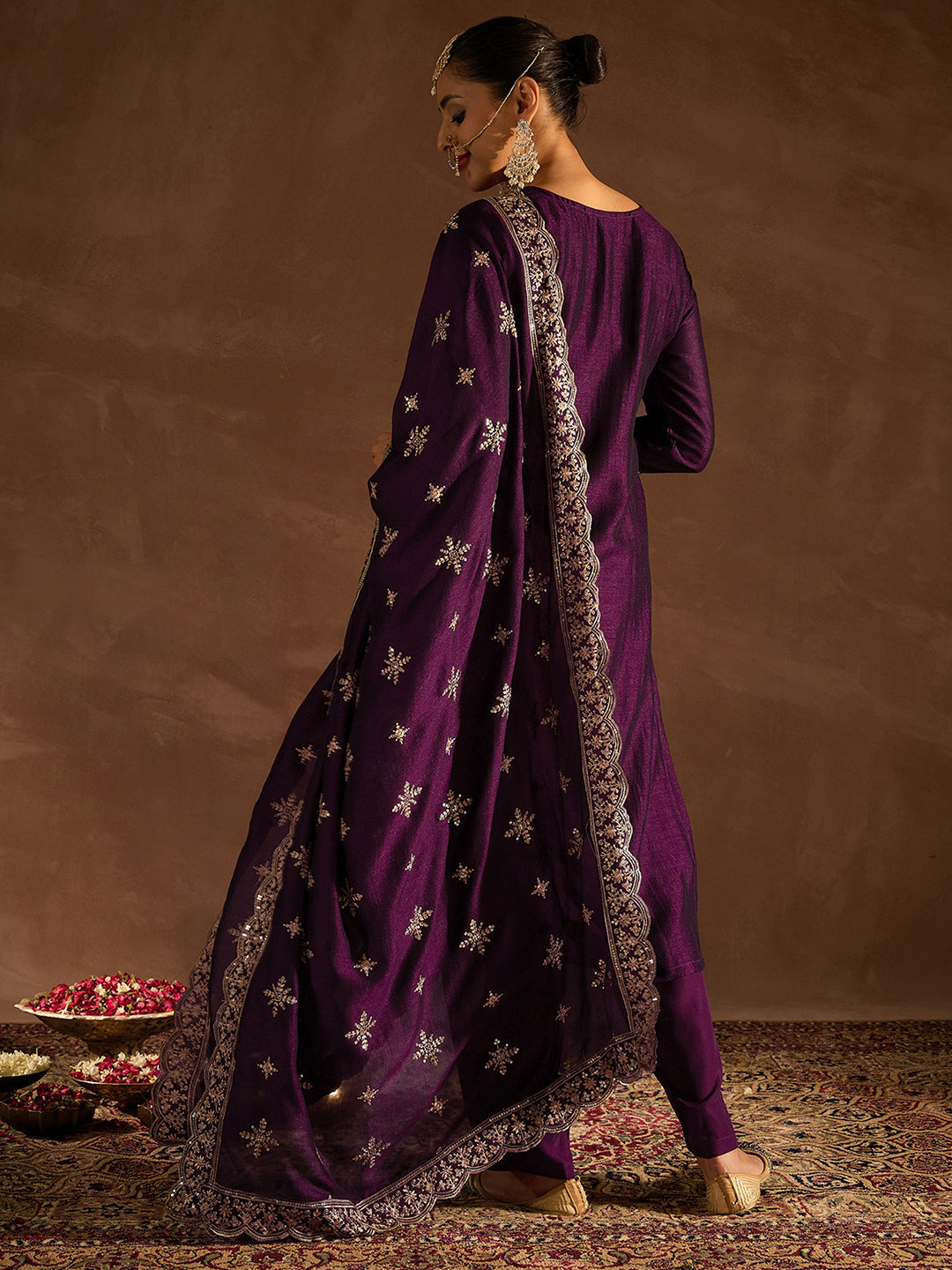 Indo Era Burgundy Embroidered Straight Kurta Trousers With Dupatta set