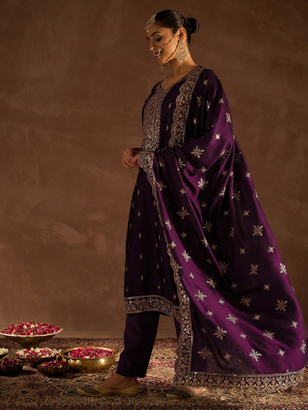 Indo Era Burgundy Embroidered Straight Kurta Trousers With Dupatta set