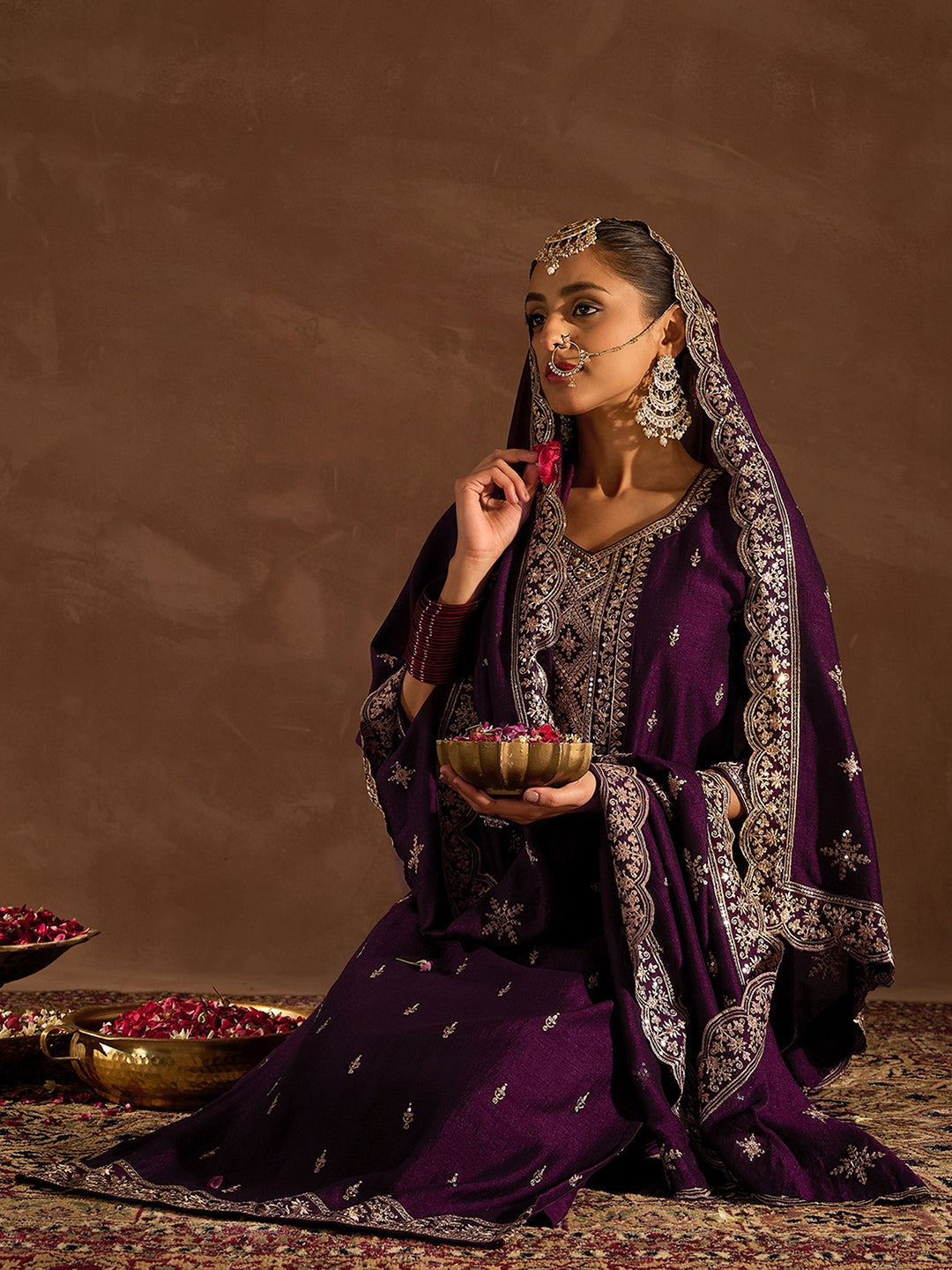Indo Era Burgundy Embroidered Straight Kurta Trousers With Dupatta set