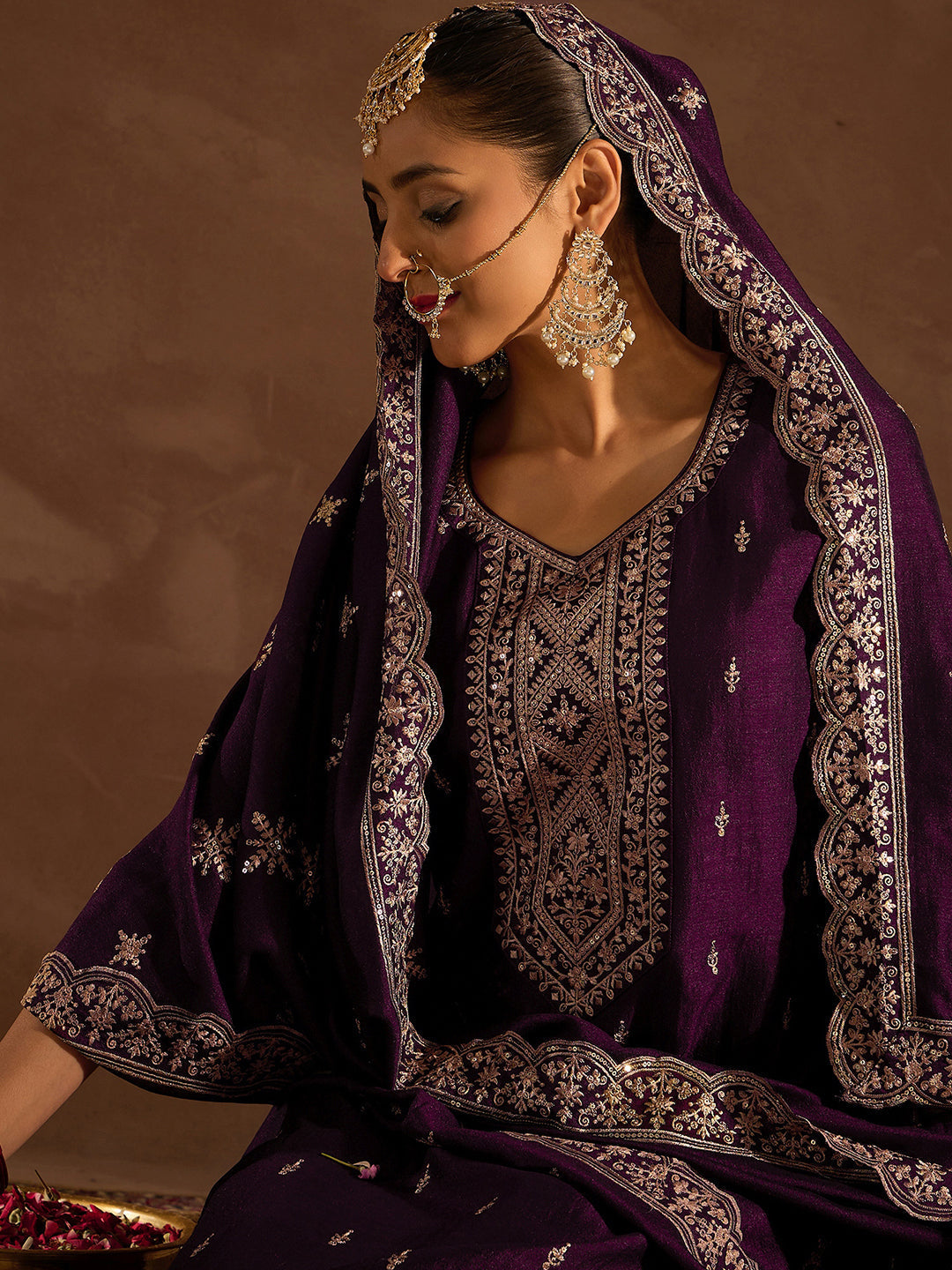 Indo Era Burgundy Embroidered Straight Kurta Trousers With Dupatta set
