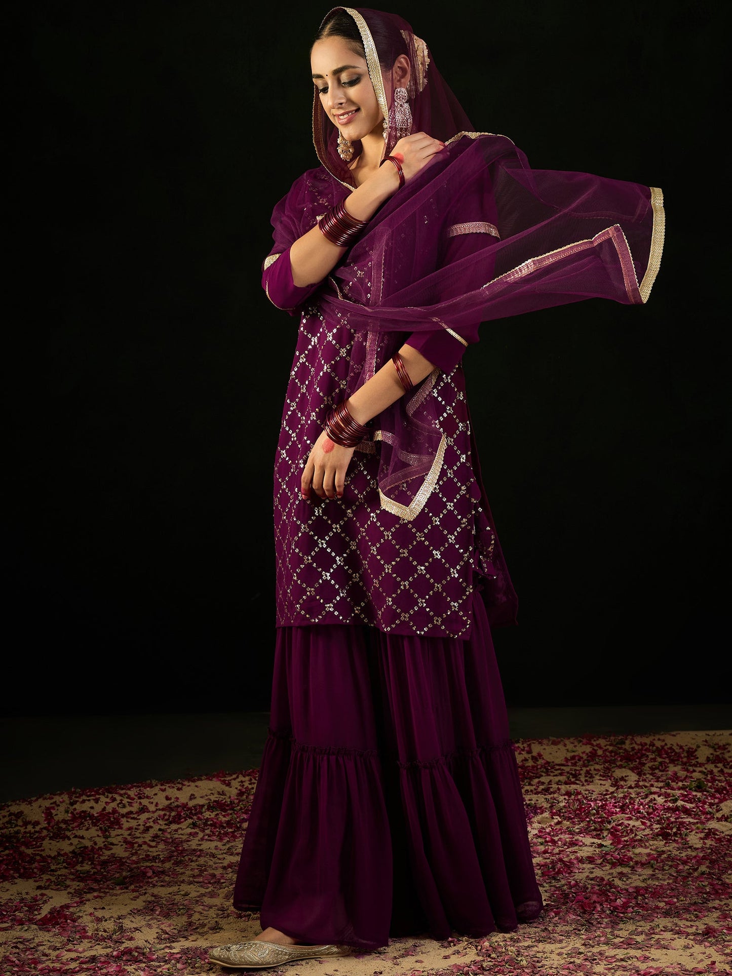 Indo Era Burgundy Embroidered Straight Kurta Sharara With Dupatta set
