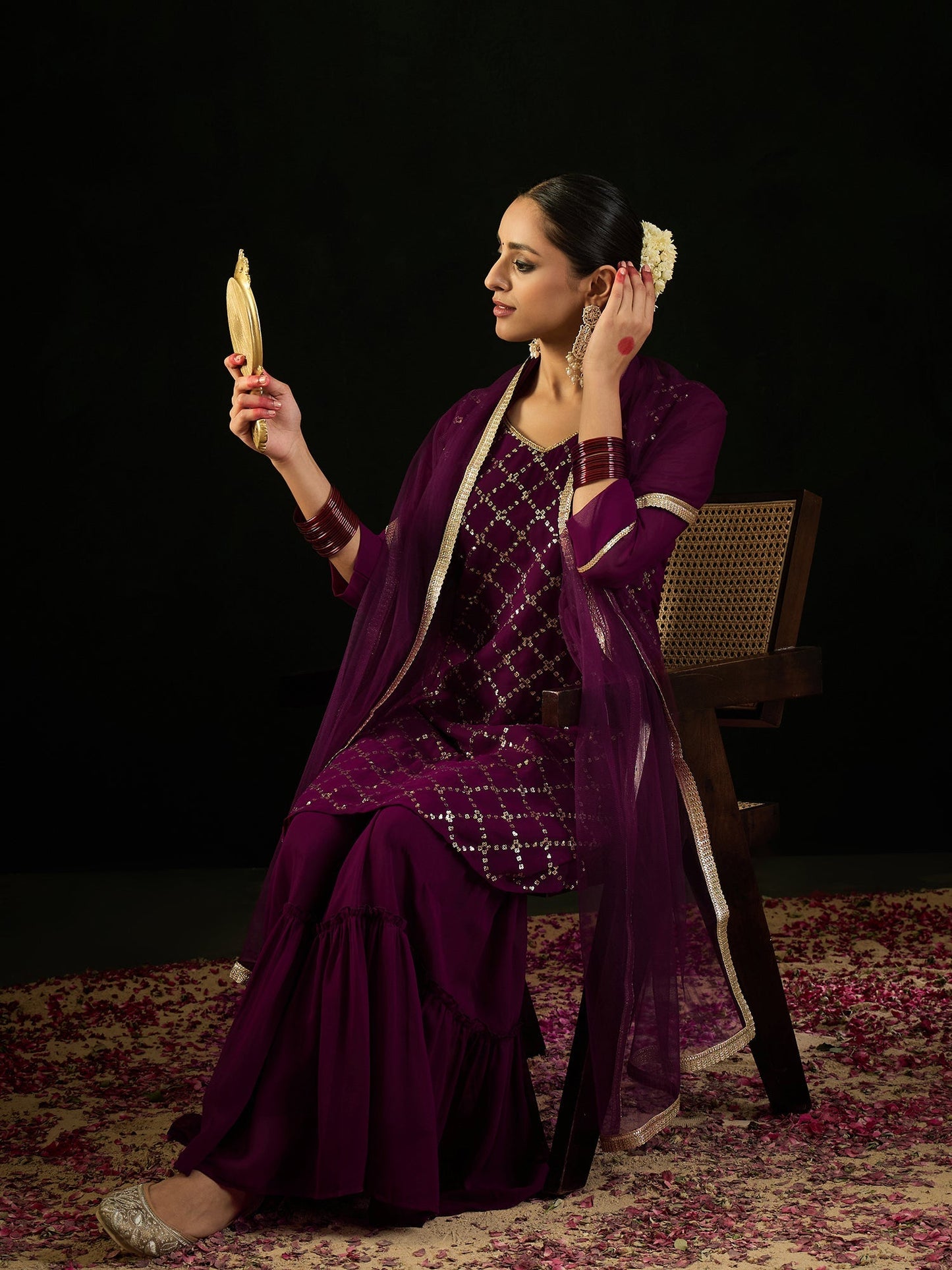 Indo Era Burgundy Embroidered Straight Kurta Sharara With Dupatta set