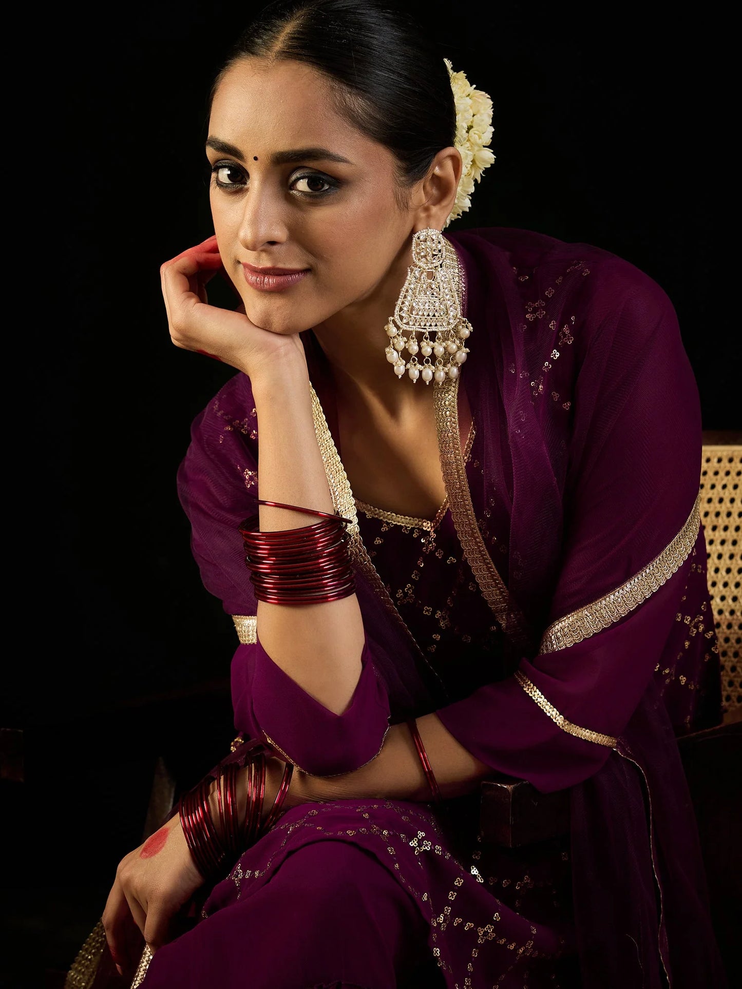 Burgundy Embroidered Straight Kurta Sharara With Dupatta set