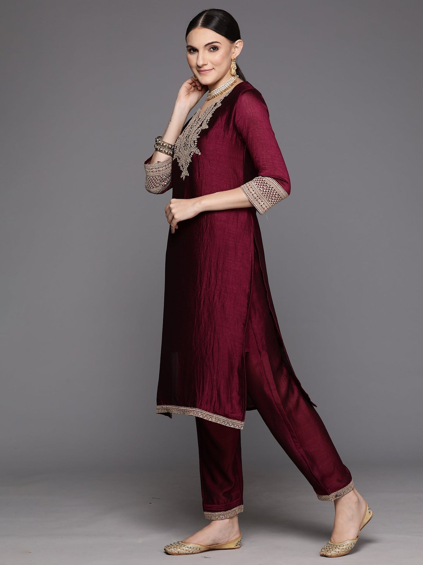 Indo Era Burgundy Embroidered Straight Kurta Trousers With Dupatta Set