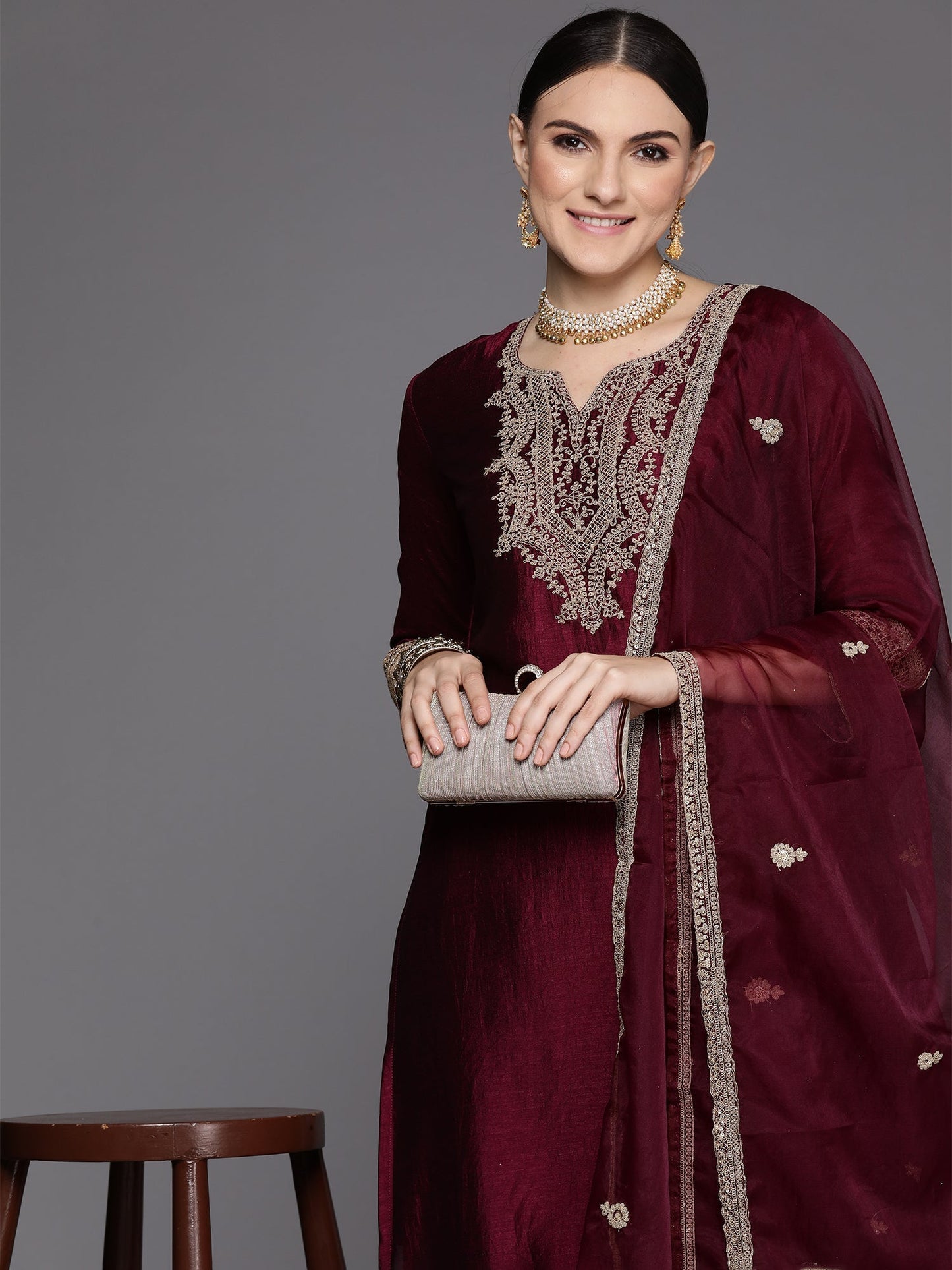 Indo Era Burgundy Embroidered Straight Kurta Trousers With Dupatta Set