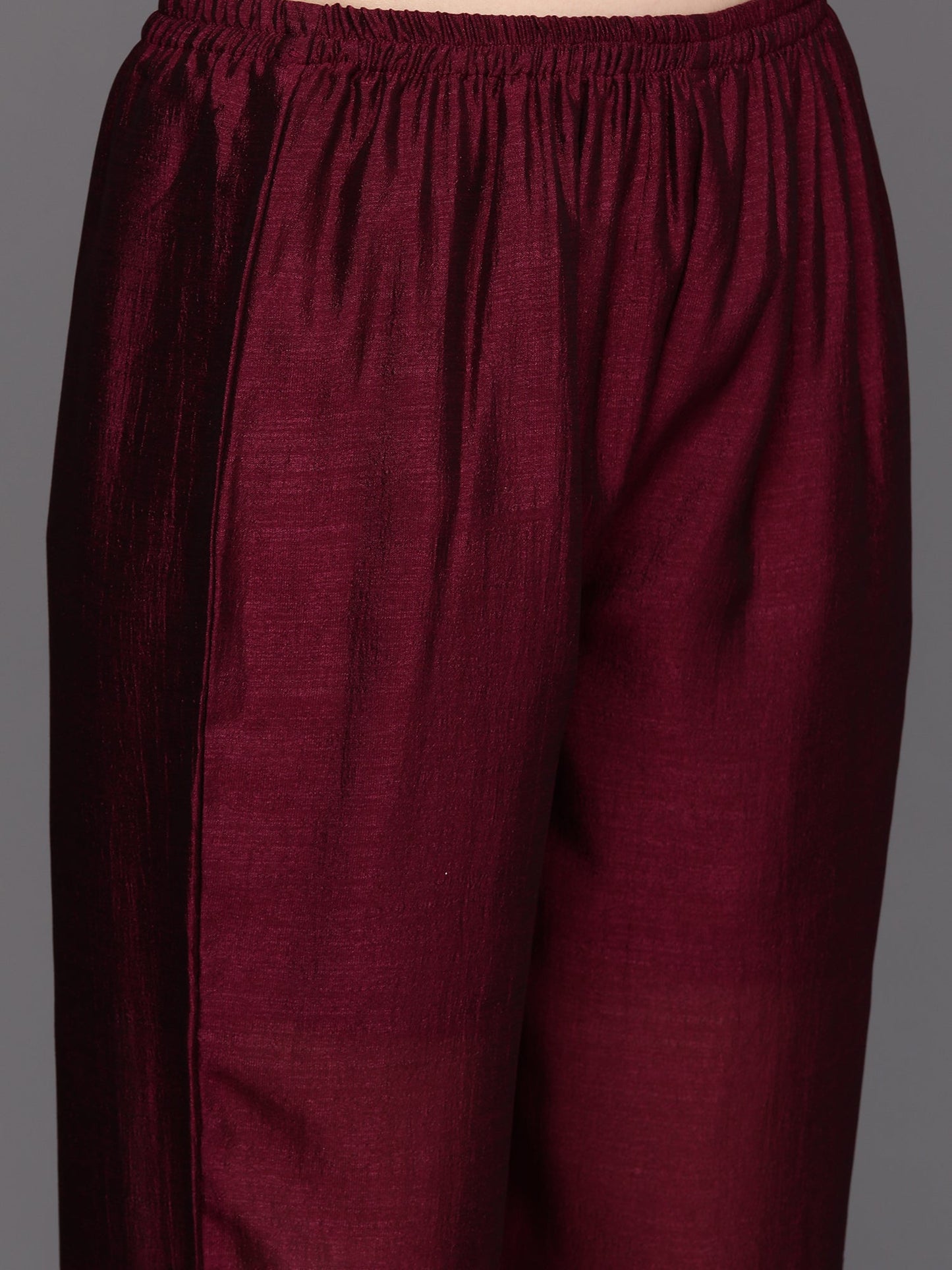 Indo Era Burgundy Embroidered Straight Kurta Trousers With Dupatta Set