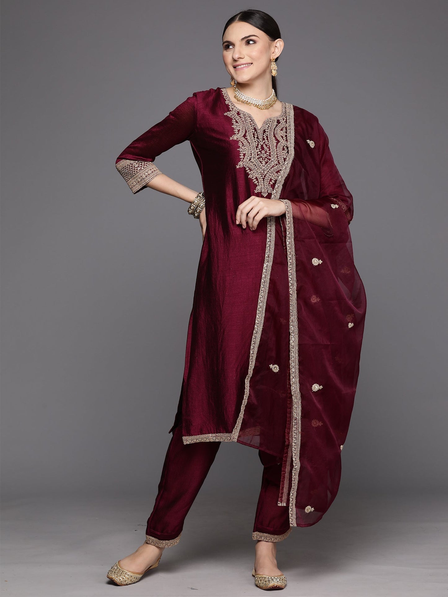 Indo Era Burgundy Embroidered Straight Kurta Trousers With Dupatta Set