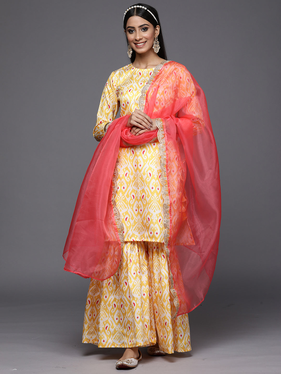 Indo Era Kesariya Yellow Printed Straight Kurta Trouser With Dupatta Set
