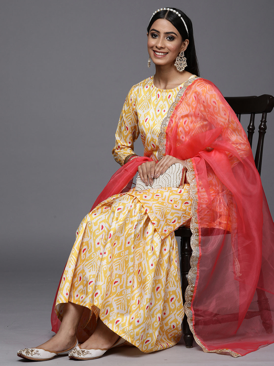 Indo Era Kesariya Yellow Printed Straight Kurta Trouser With Dupatta Set