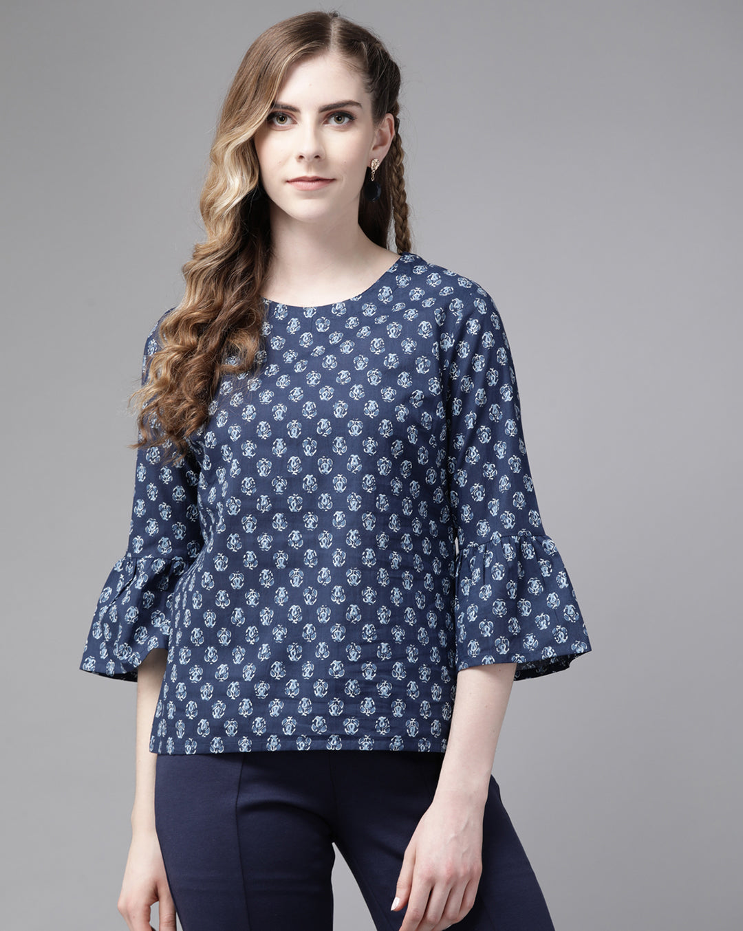 Indo Era Blue Floral Printed Top