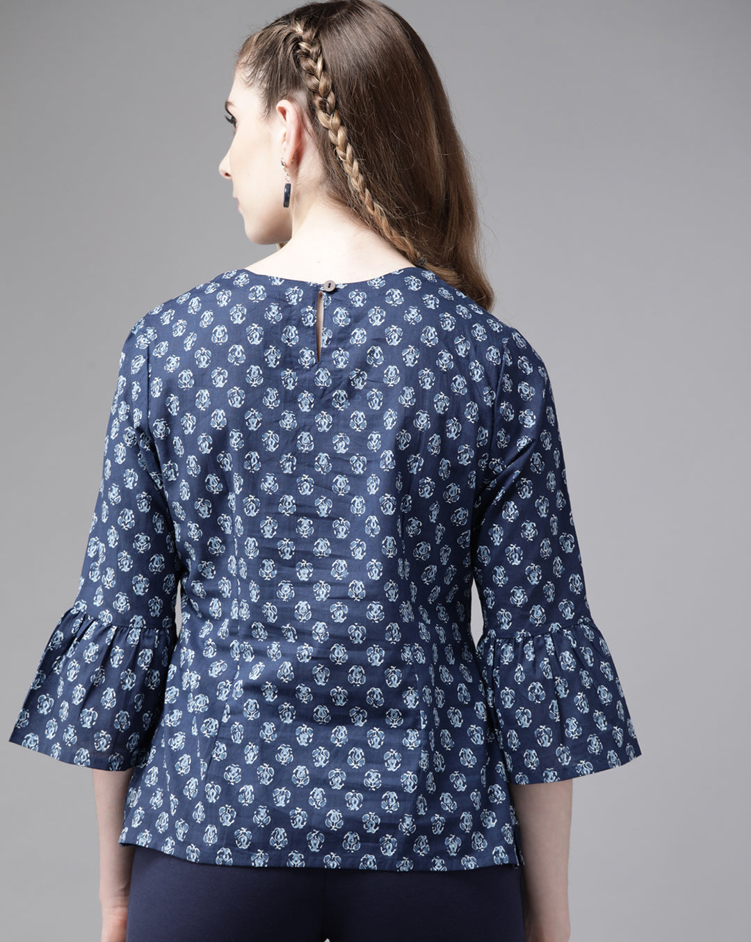 Indo Era Blue Floral Printed Top