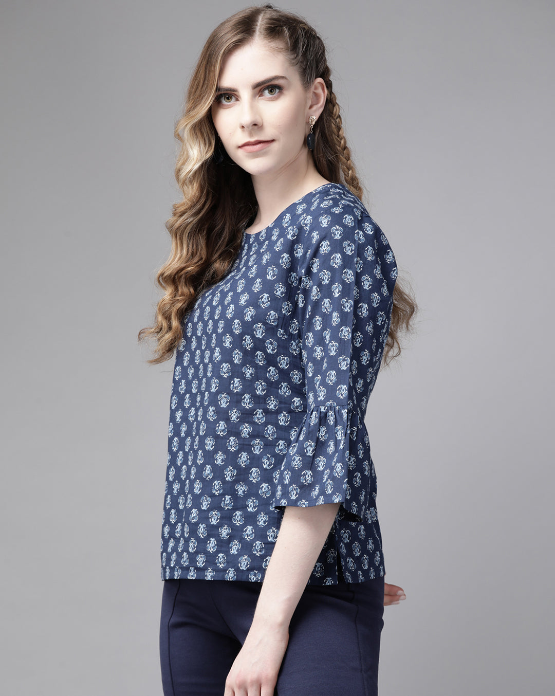 Indo Era Blue Floral Printed Top