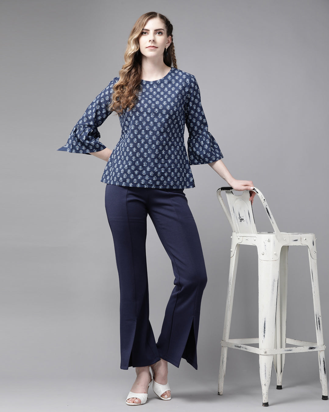 Indo Era Blue Floral Printed Top