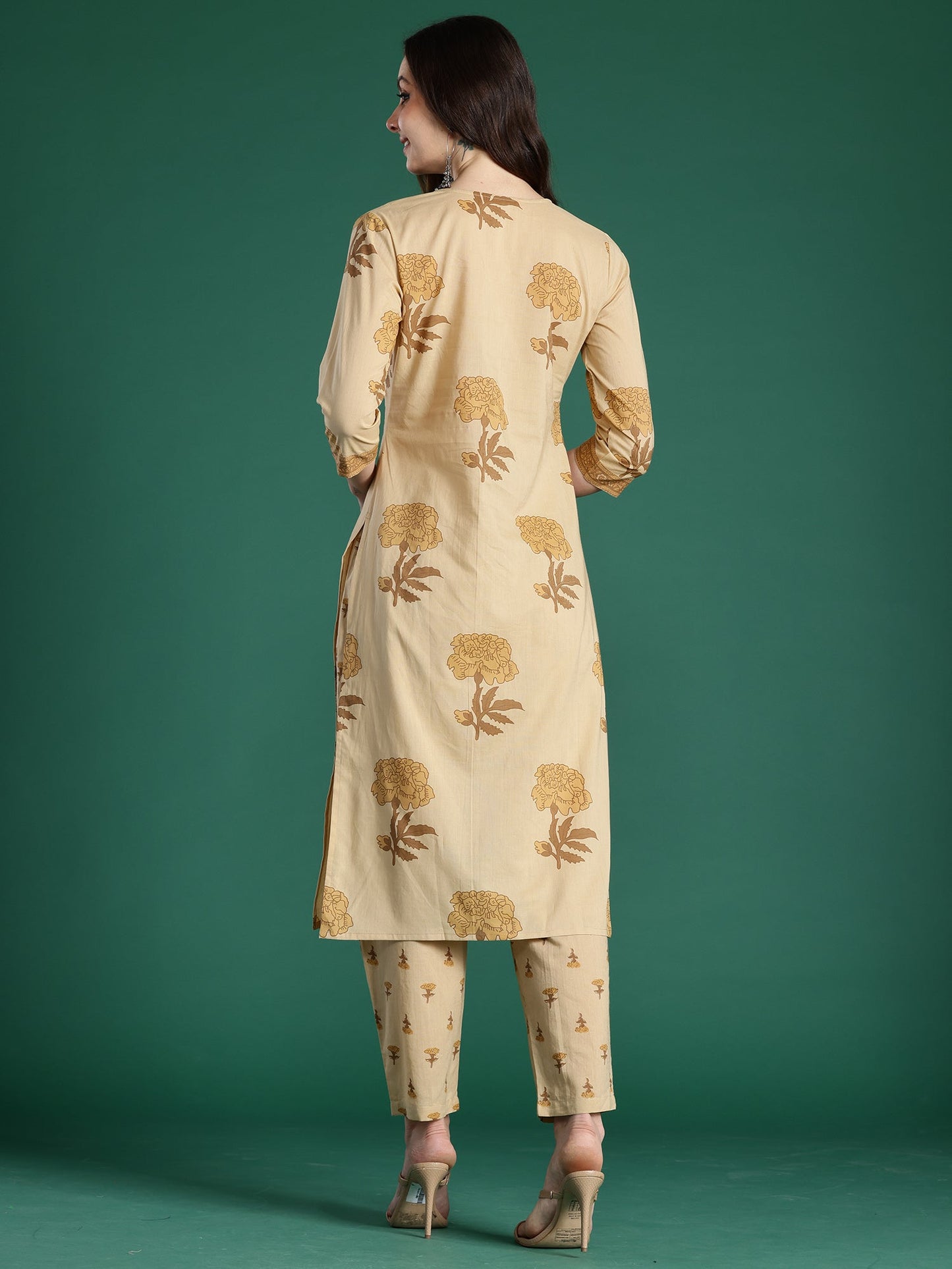Indo Era Beige Printed A-Line Kurta Trousers Set