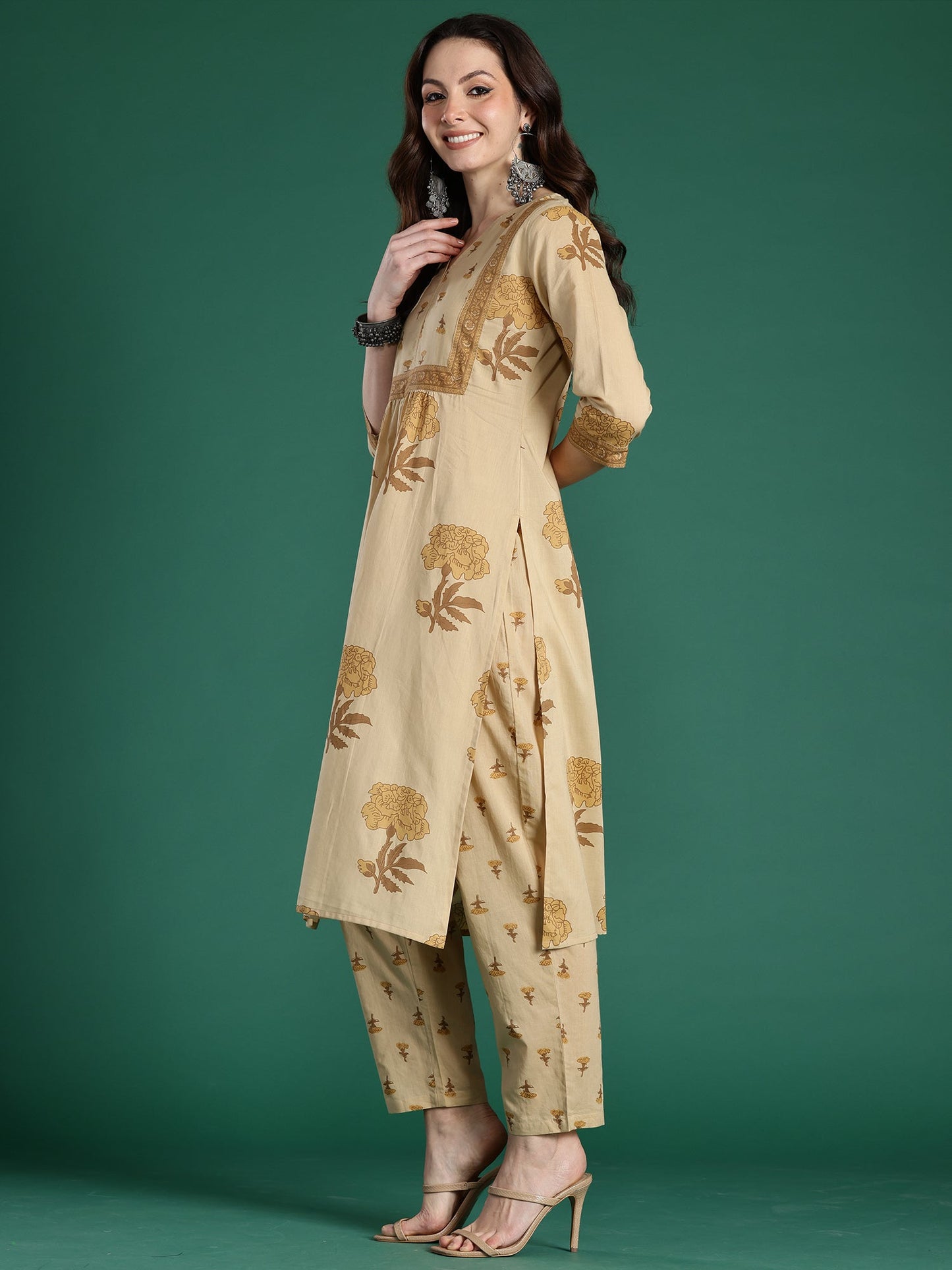 Indo Era Beige Printed A-Line Kurta Trousers Set