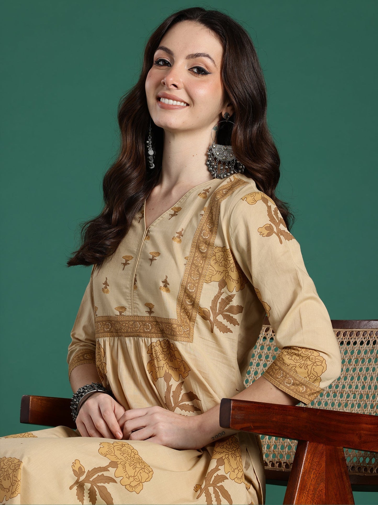 Indo Era Beige Printed A-Line Kurta Trousers Set