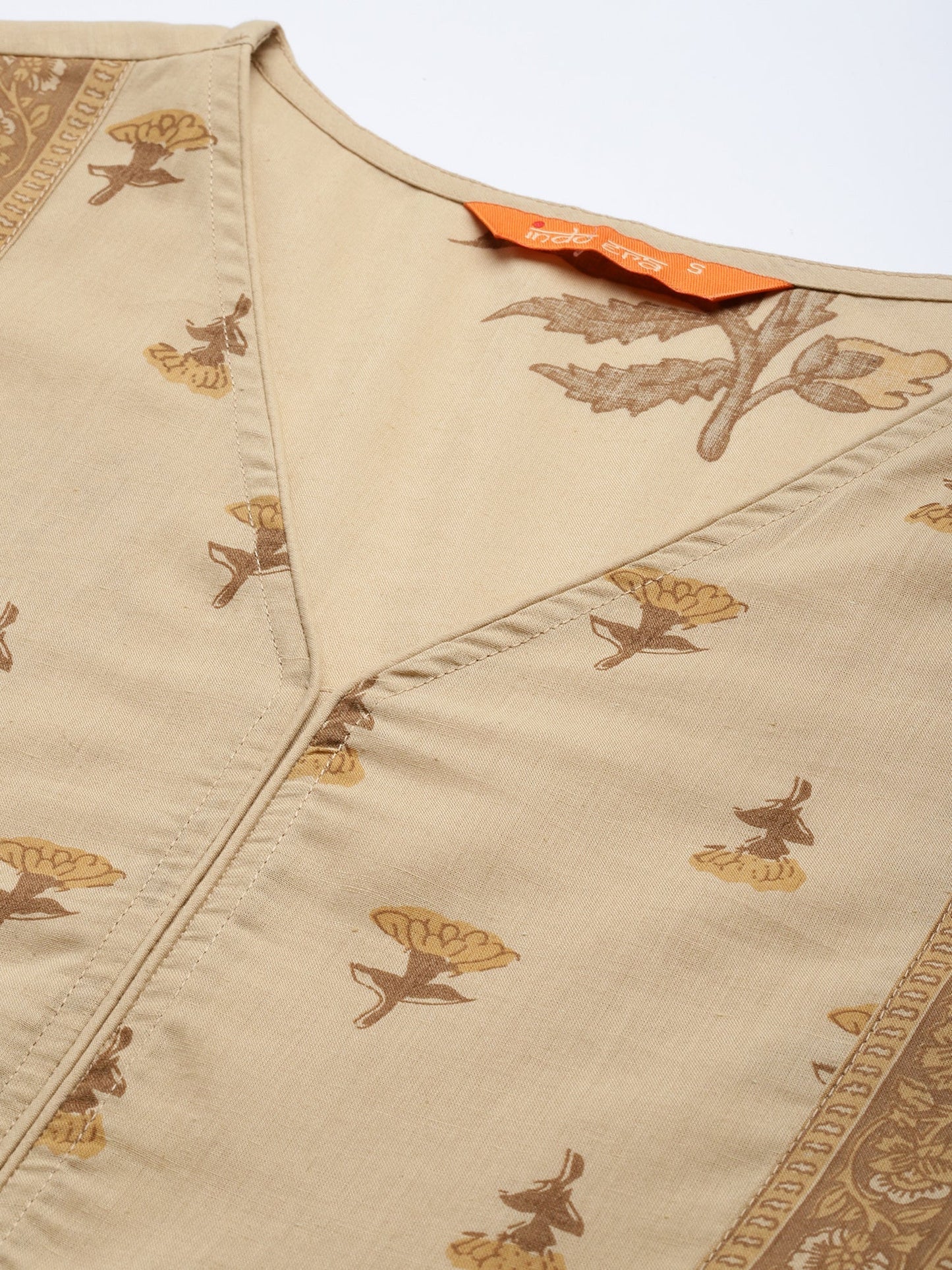 Indo Era Beige Printed A-Line Kurta Trousers Set