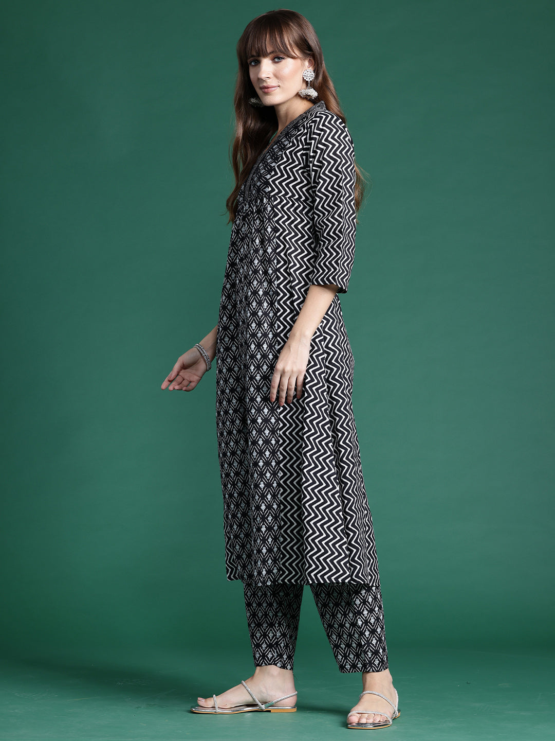 Indo Era Black Printed A-Line Kurta Trousers set