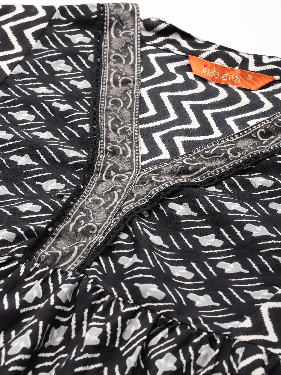 Indo Era Black Printed A-Line Kurta Trousers set