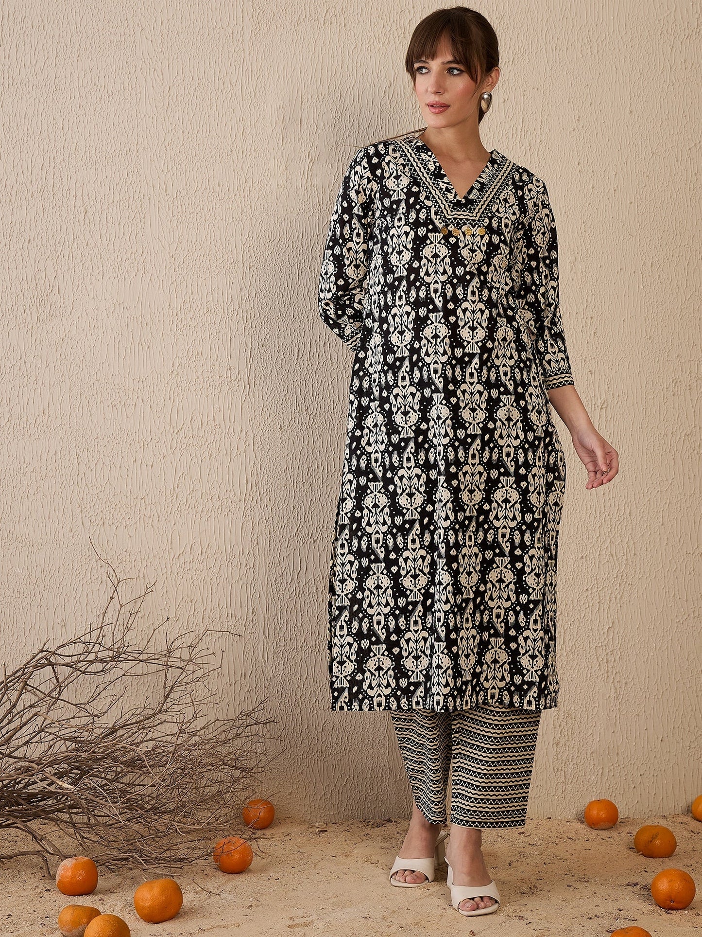 Indo Era Black Printed Straight Kurta Trousers Set
