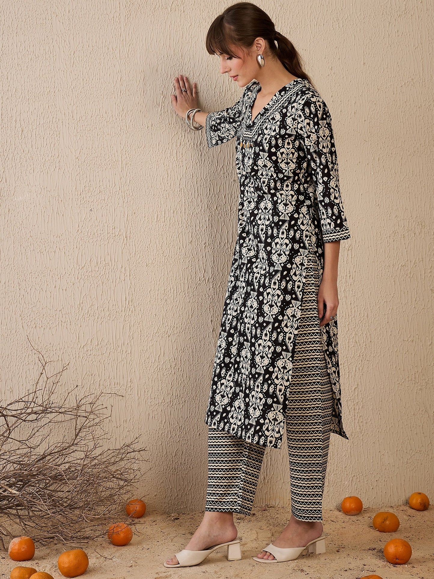 Indo Era Black Printed Straight Kurta Trousers Set
