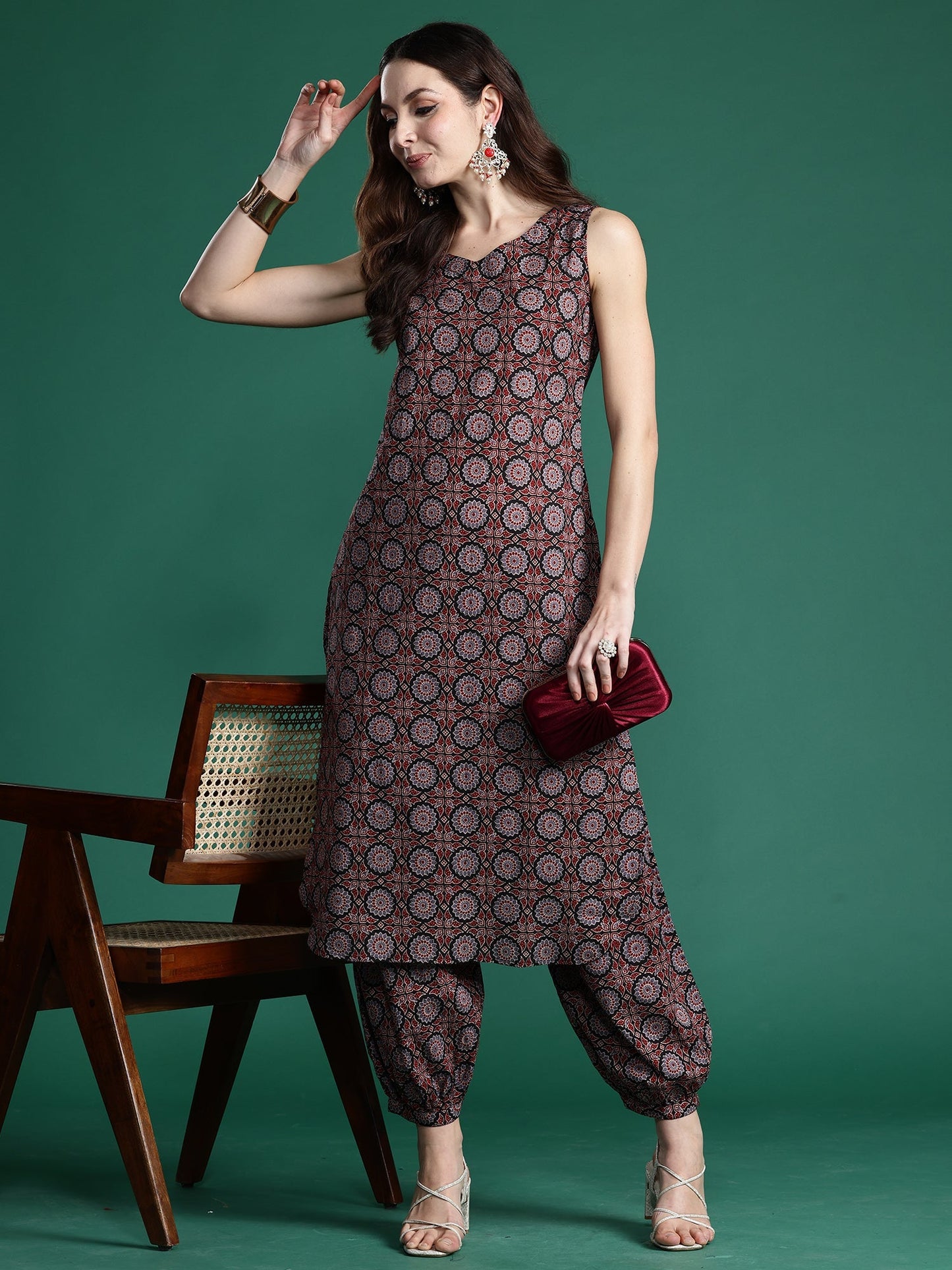 Indo Era Black Printed Straight Kurta Trousers Set