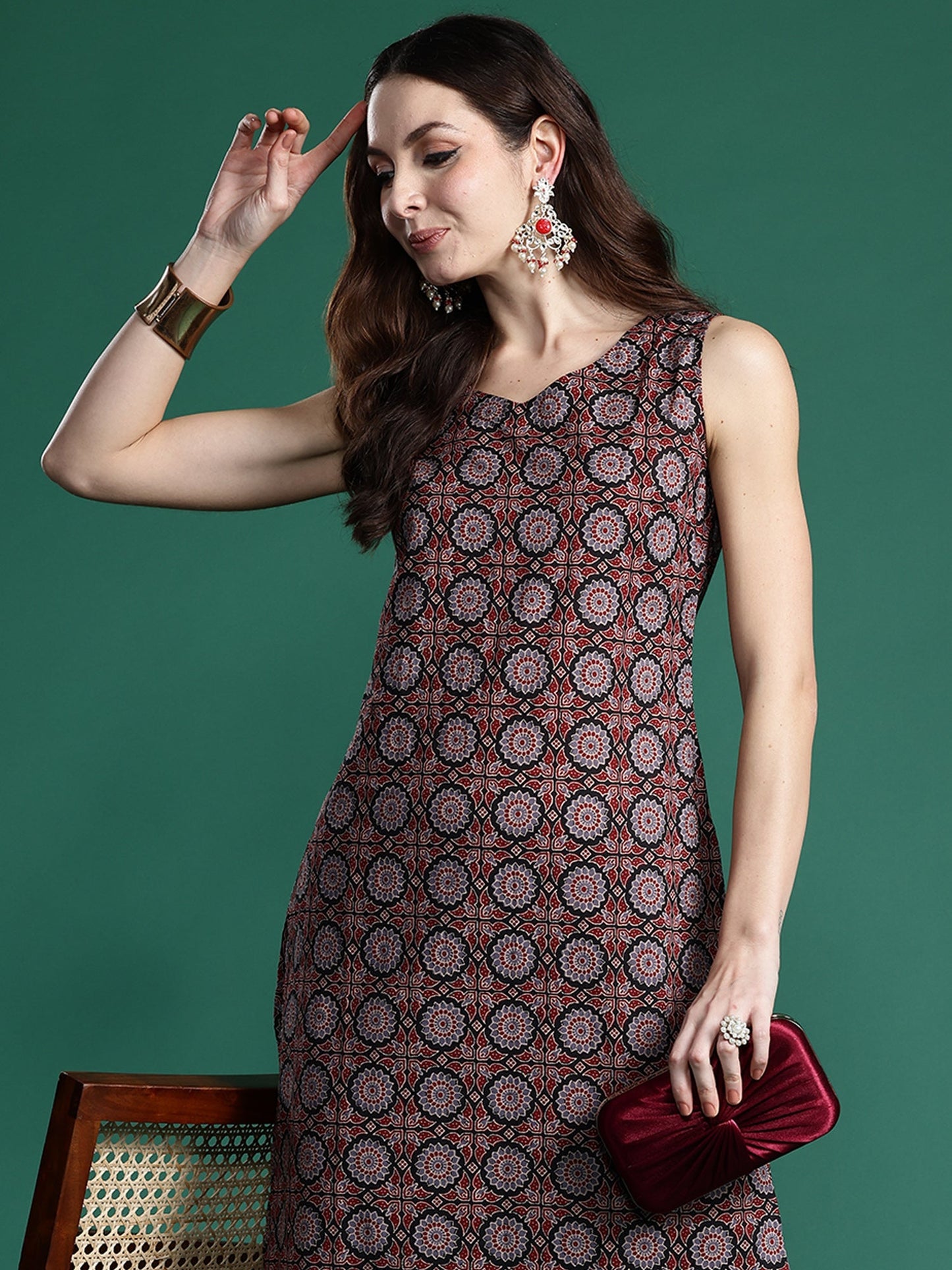 Indo Era Black Printed Straight Kurta Trousers Set