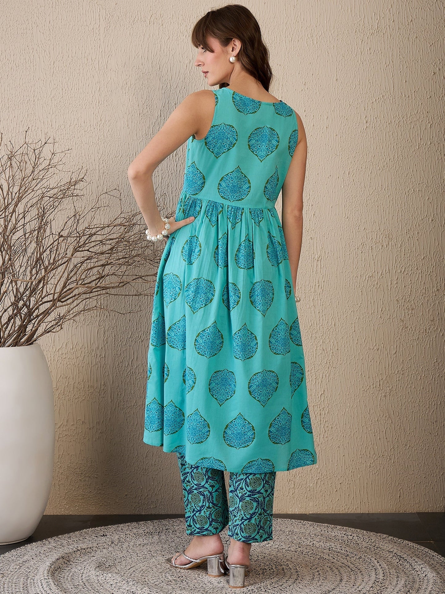 Indo Era Blue Printed Anarkali Kurta Palazzos Set