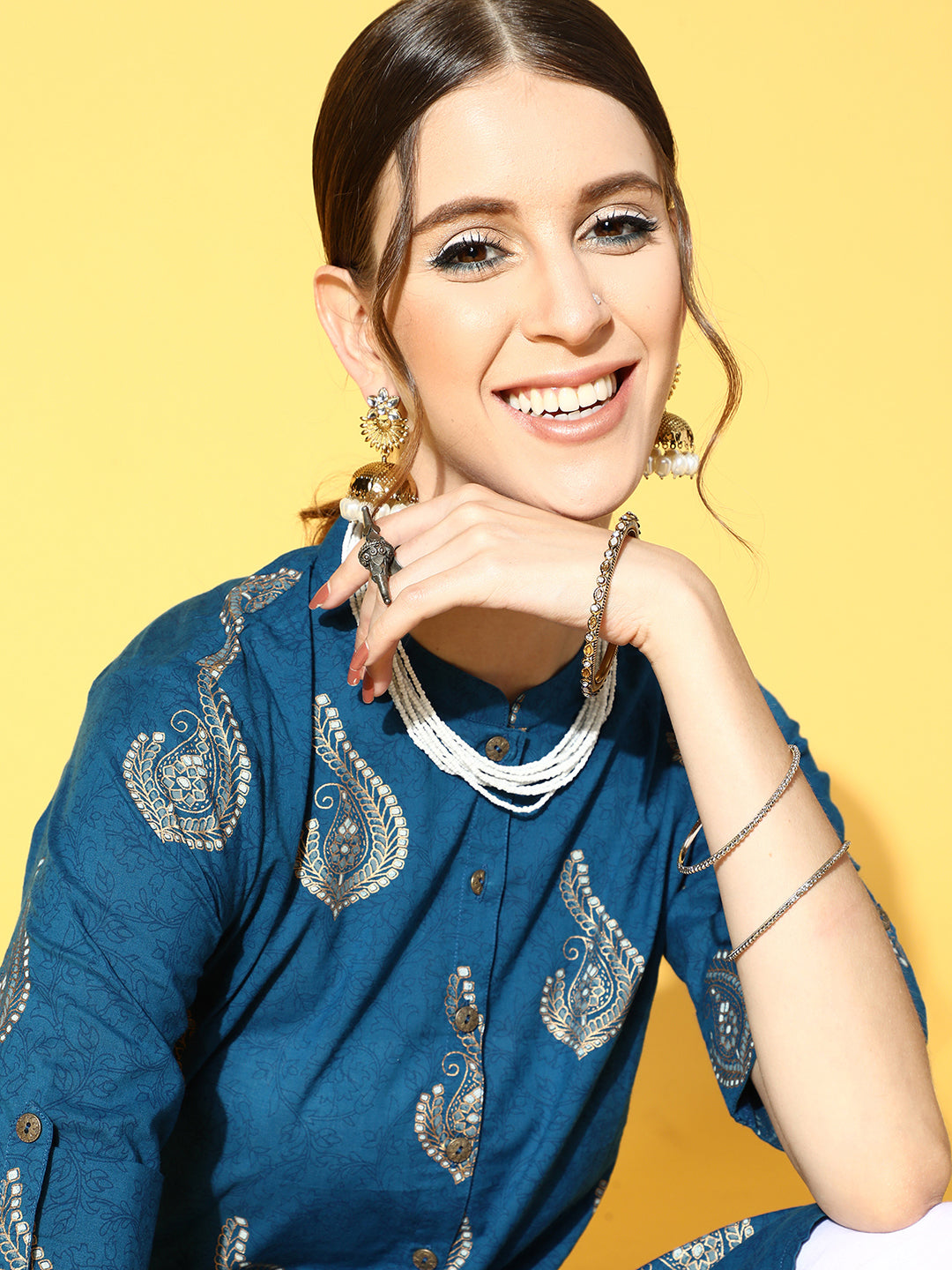 Indo Era Blue Printed Asymmetric Kurta With Trouser Set