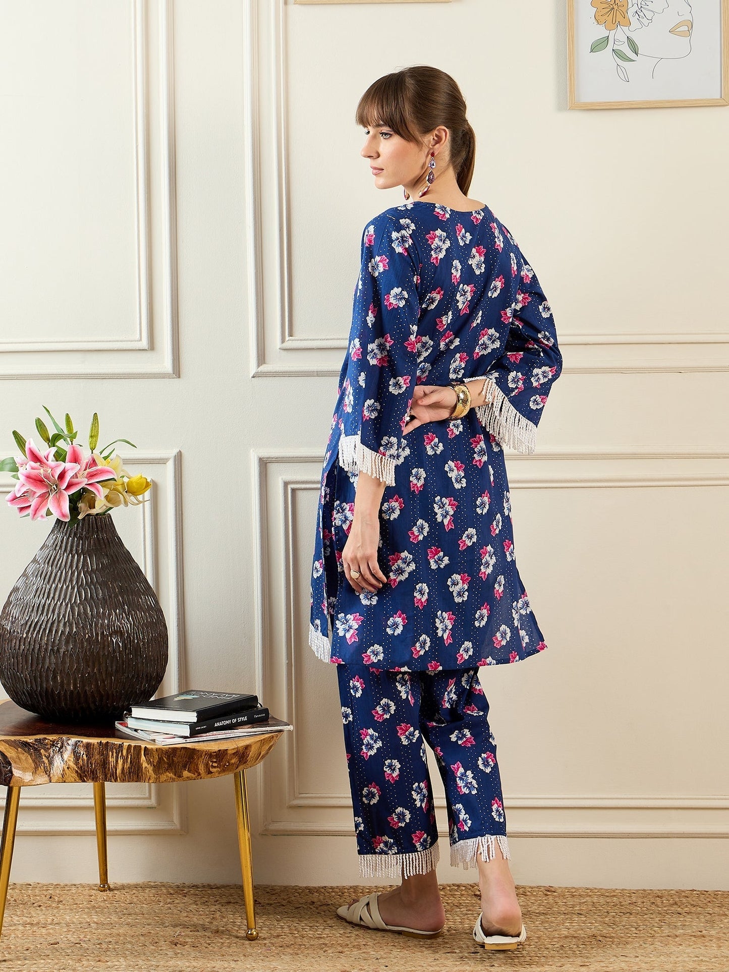 Indo Era Blue Printed Straight Kurta Trousers set
