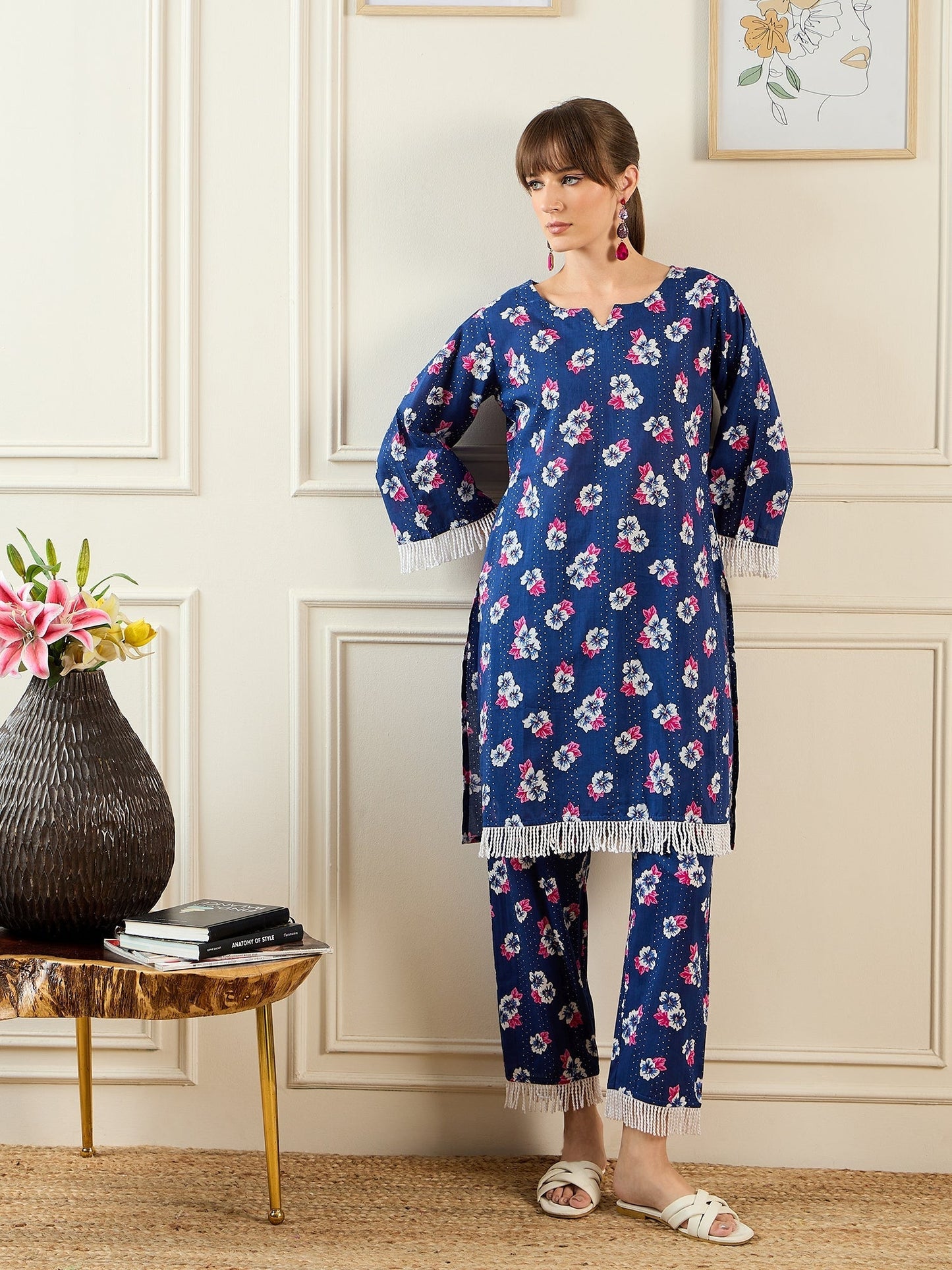 Indo Era Blue Printed Straight Kurta Trousers set