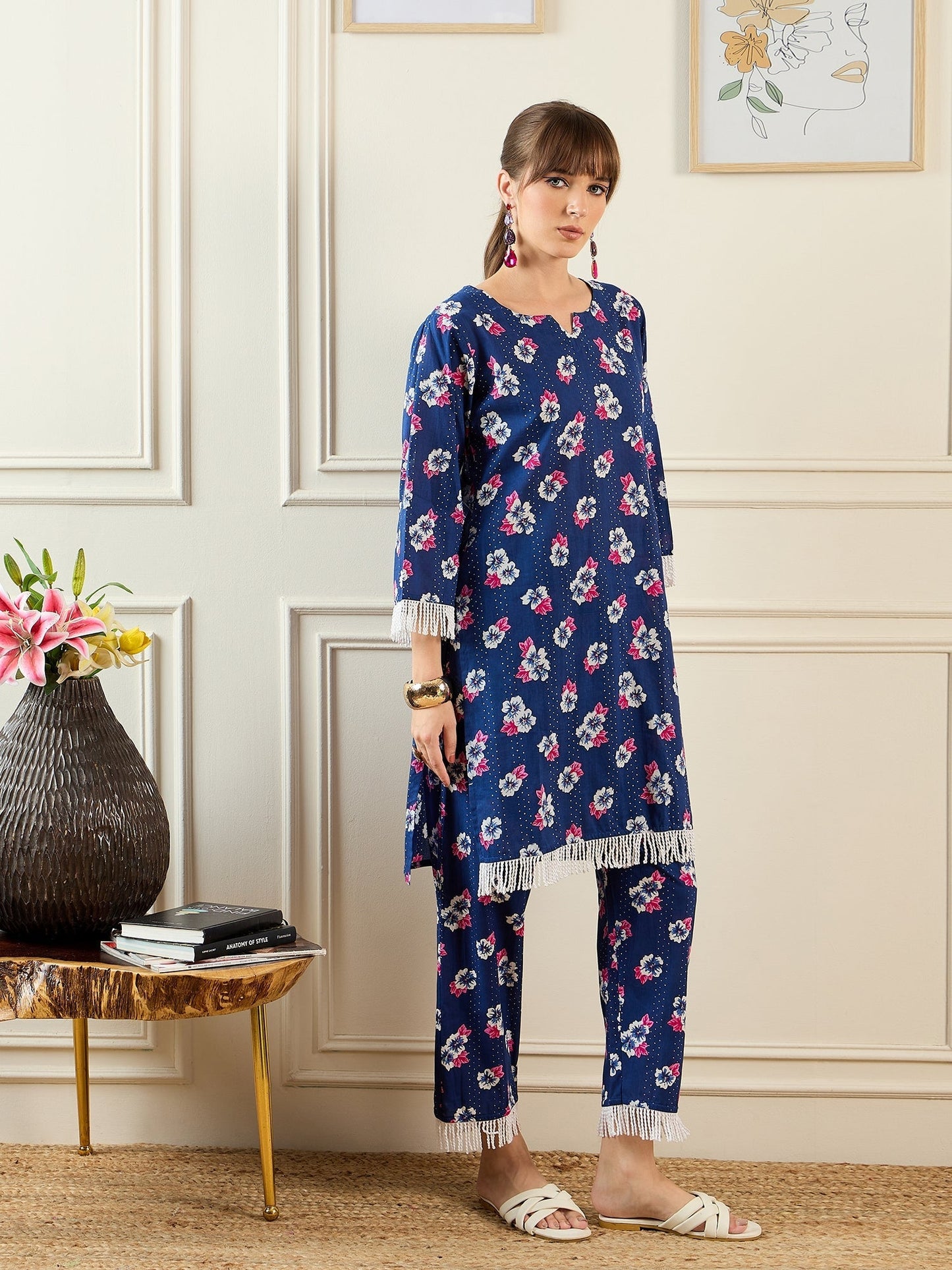 Indo Era Blue Printed Straight Kurta Trousers set