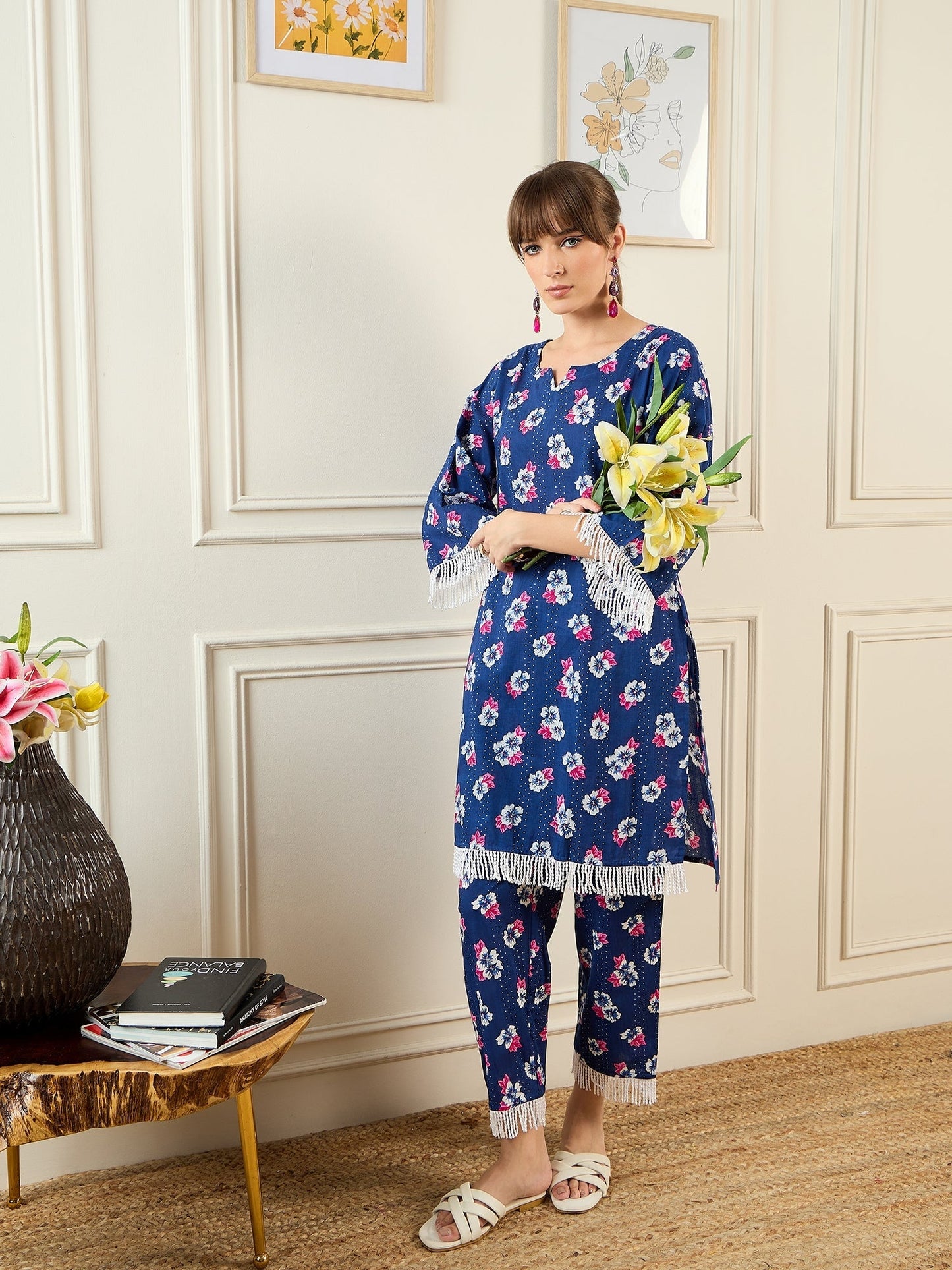 Indo Era Blue Printed Straight Kurta Trousers set