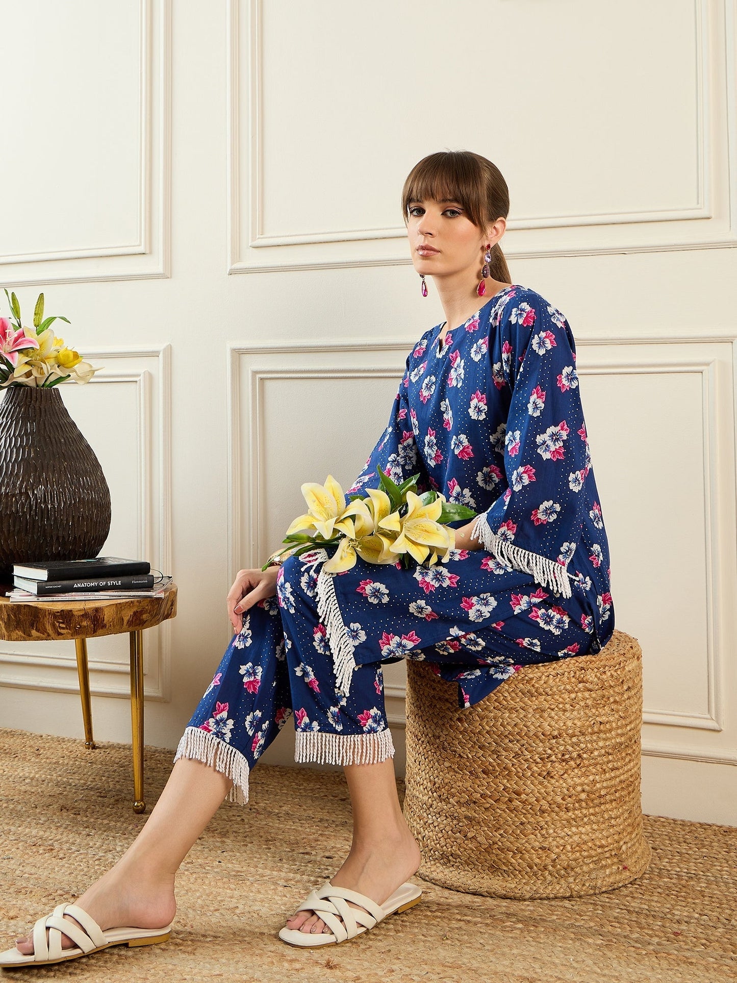 Indo Era Blue Printed Straight Kurta Trousers set